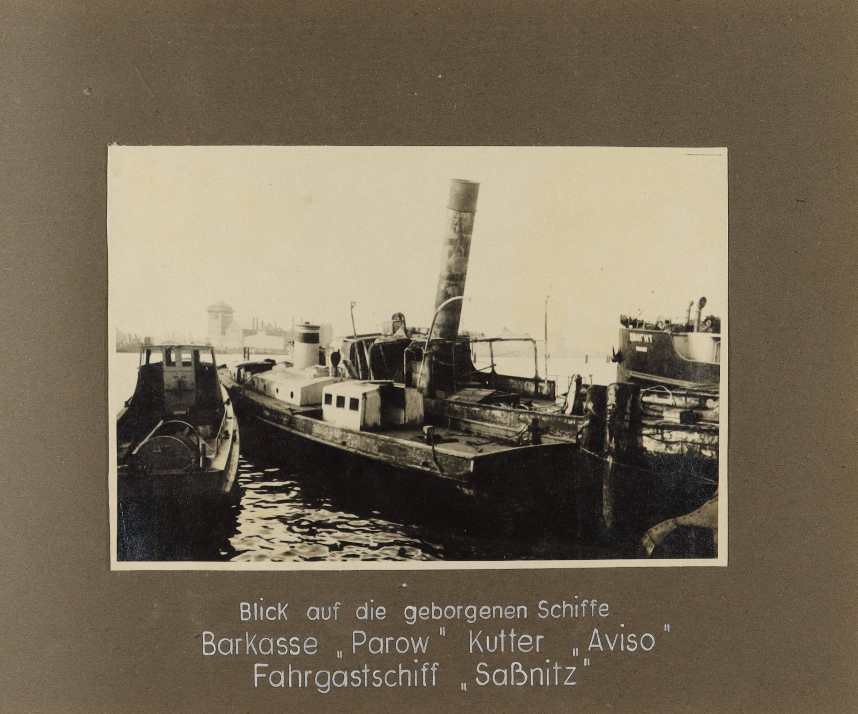 Blick auf die geborgenen Schiffe "Paroew", "Aviso" und "Saßnitz" (Schiffbau- und Schiffahrtsmuseum Rostock RR-F)