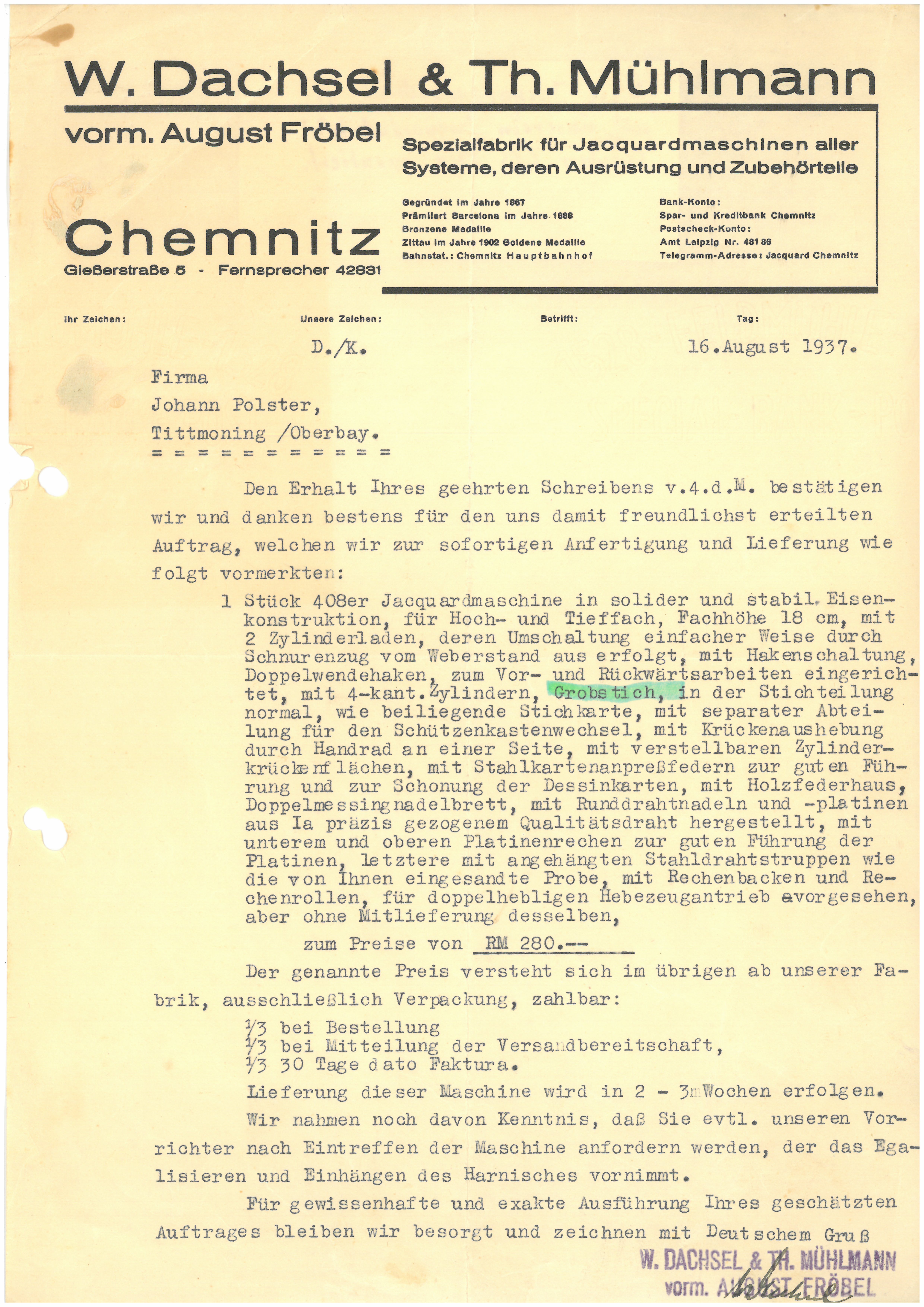 Auftragsbestätigung der Fa. W. Dachsel & Th. Mühlmann vom 16. August 1937 (Tuchmacher Museum Bramsche CC BY-NC-SA)