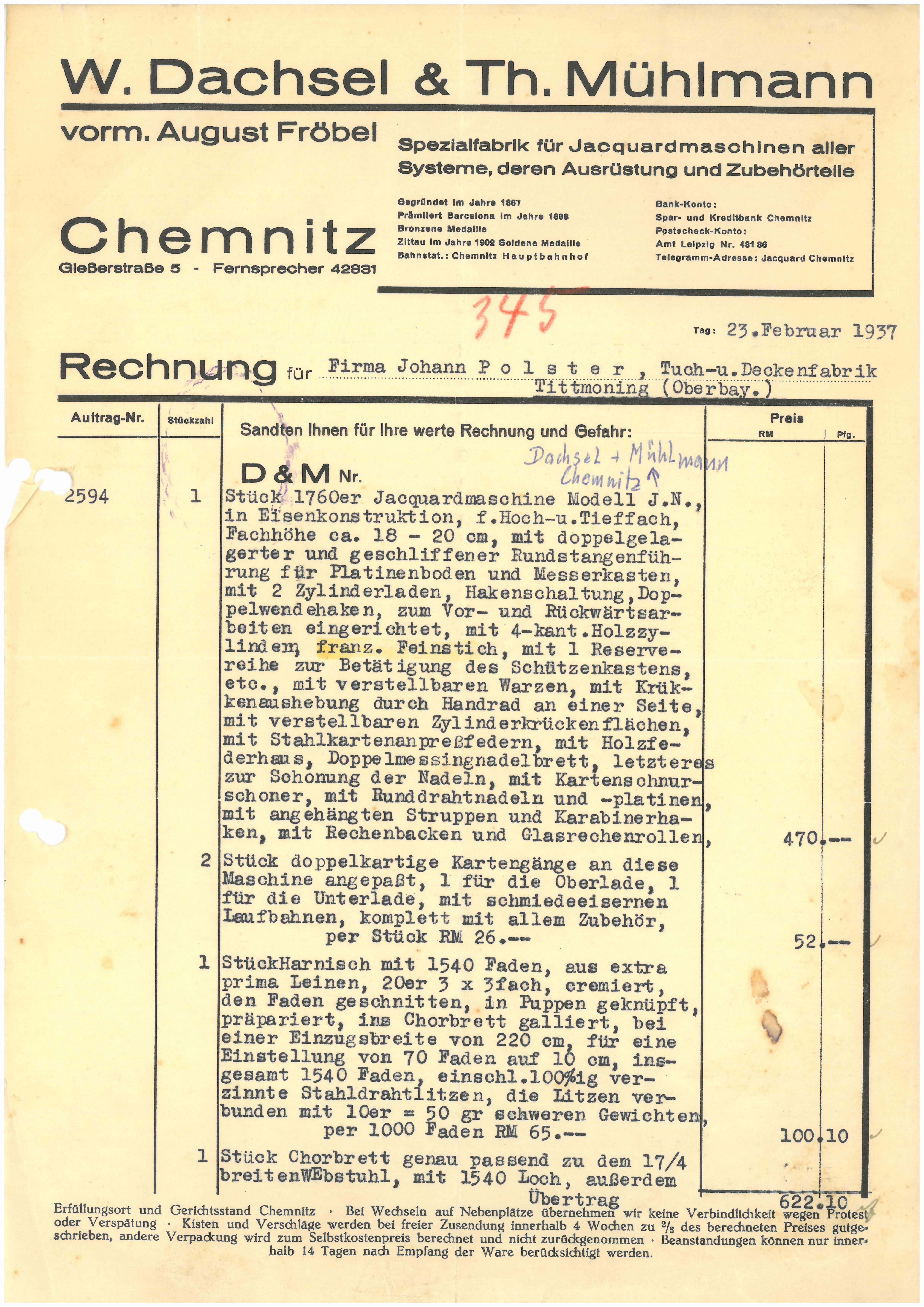 Rechnung der Fa. OHG W. Dachsel & Th. Mühlmann vom 23. Februar 1937 (Tuchmacher Museum Bramsche CC BY-NC-SA)