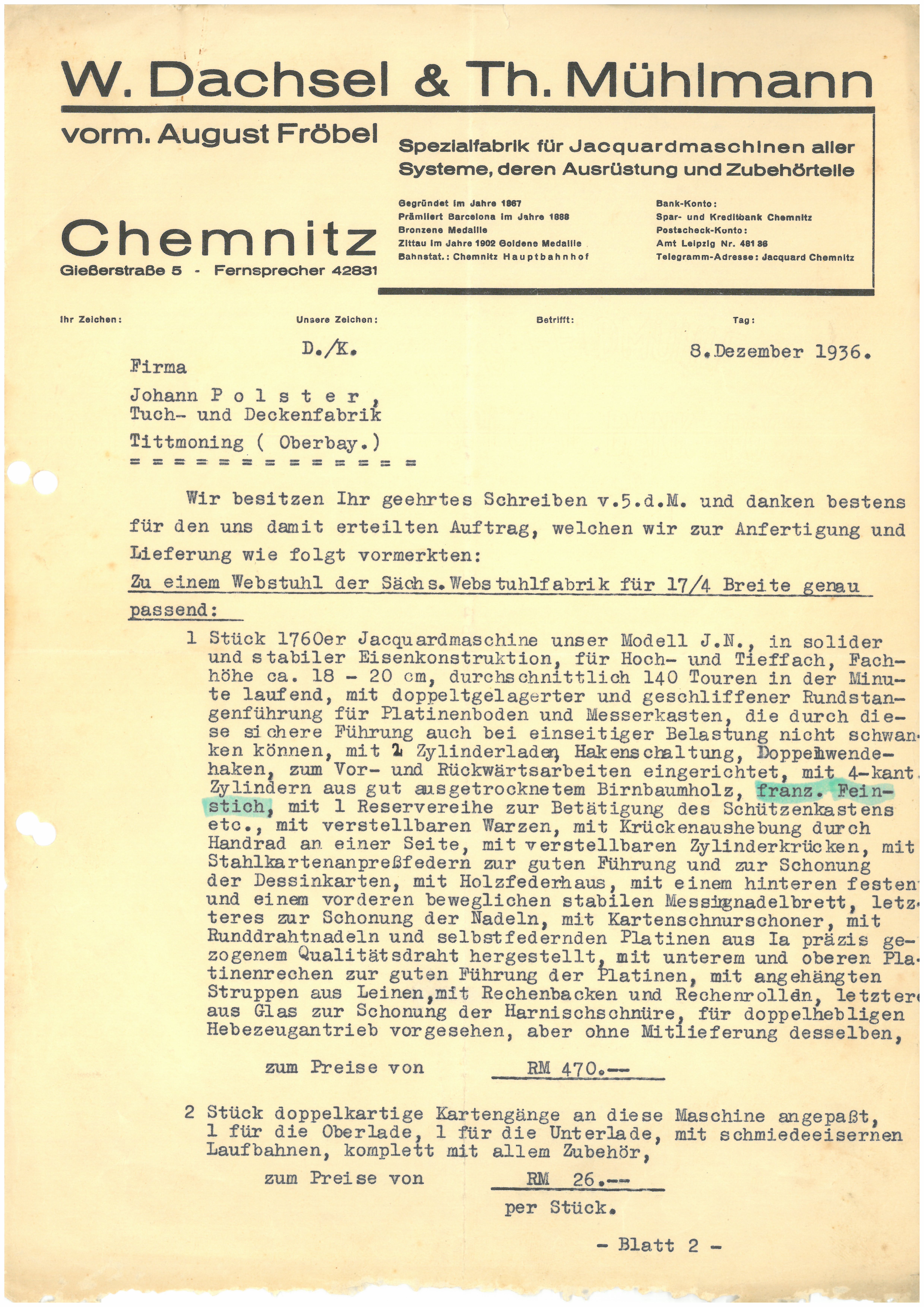 Auftragsbestätigung und Angebot der Fa. OHG W. Dachsel & Th. Mühlmann vom 8. Dezember 1936 (Tuchmacher Museum Bramsche CC BY-NC-SA)