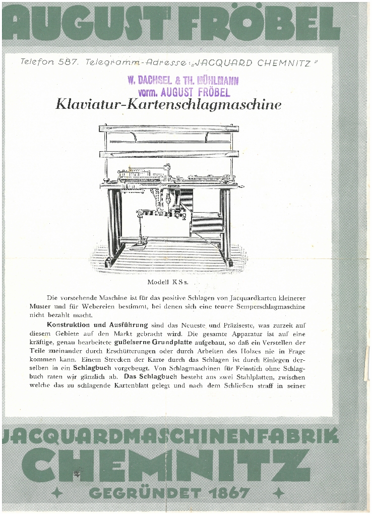 Werbeblatt: August Fröbel Klaviatur-Kartenschlagmaschine (Tuchmacher Museum Bramsche CC BY-NC-SA)