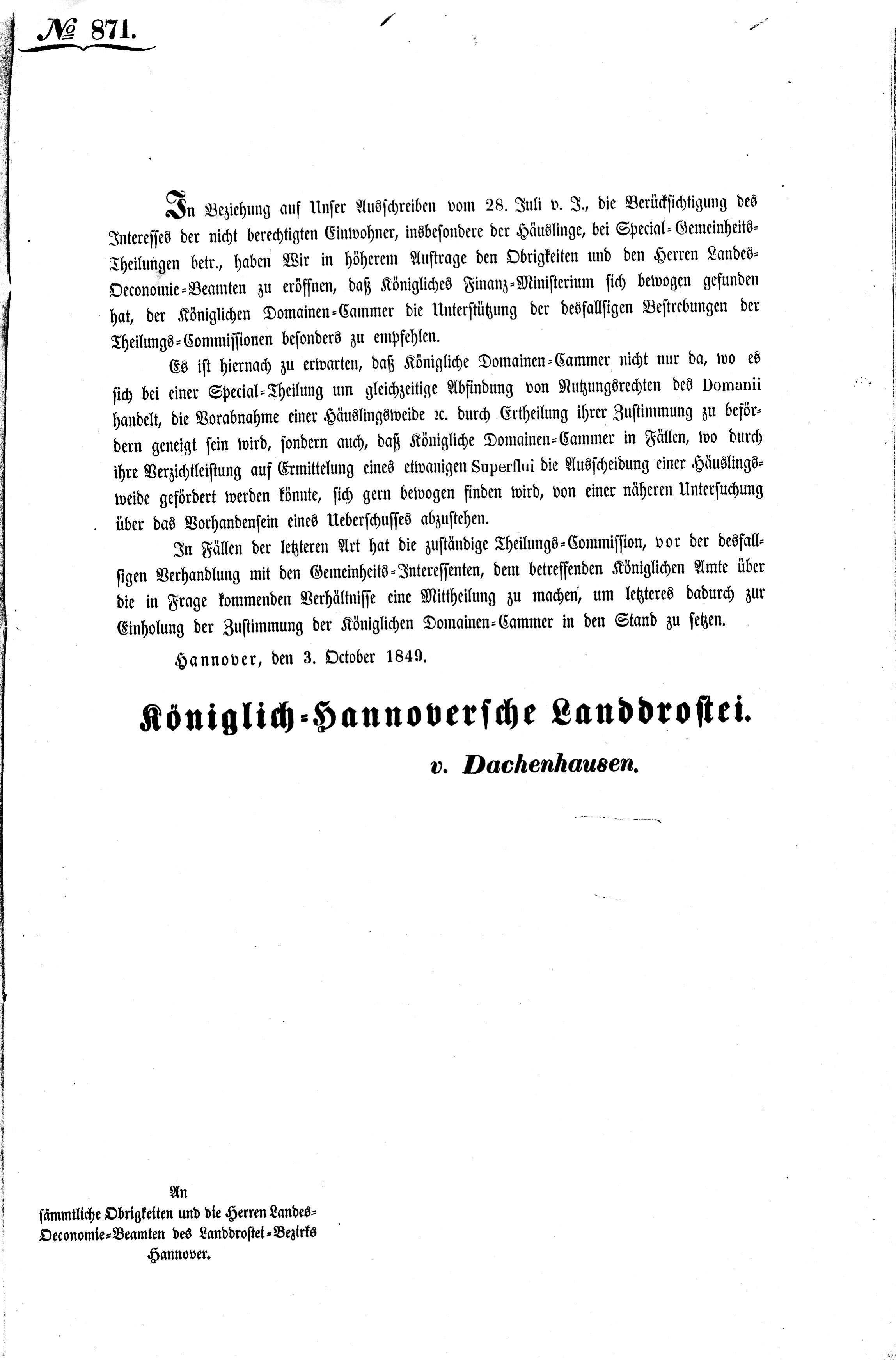 Schreiben der Königlich-Hannoverschen Landdrostei v. 1849 (Kreismuseum Syke CC BY-NC-SA)