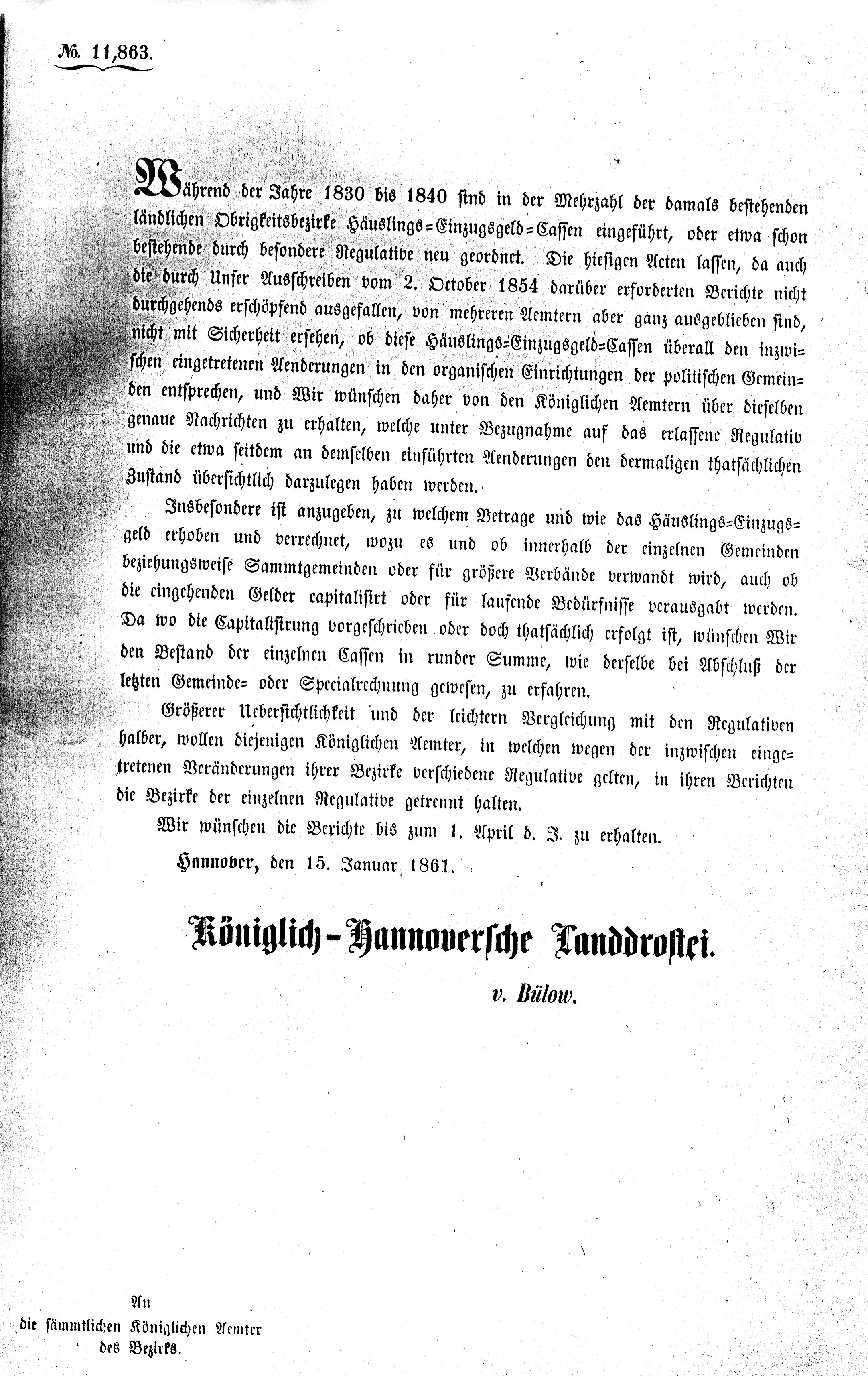 Schreiben der Königlich-Hannoverschen Landdrostei v. 1861 (Kreismuseum Syke CC BY-NC-SA)