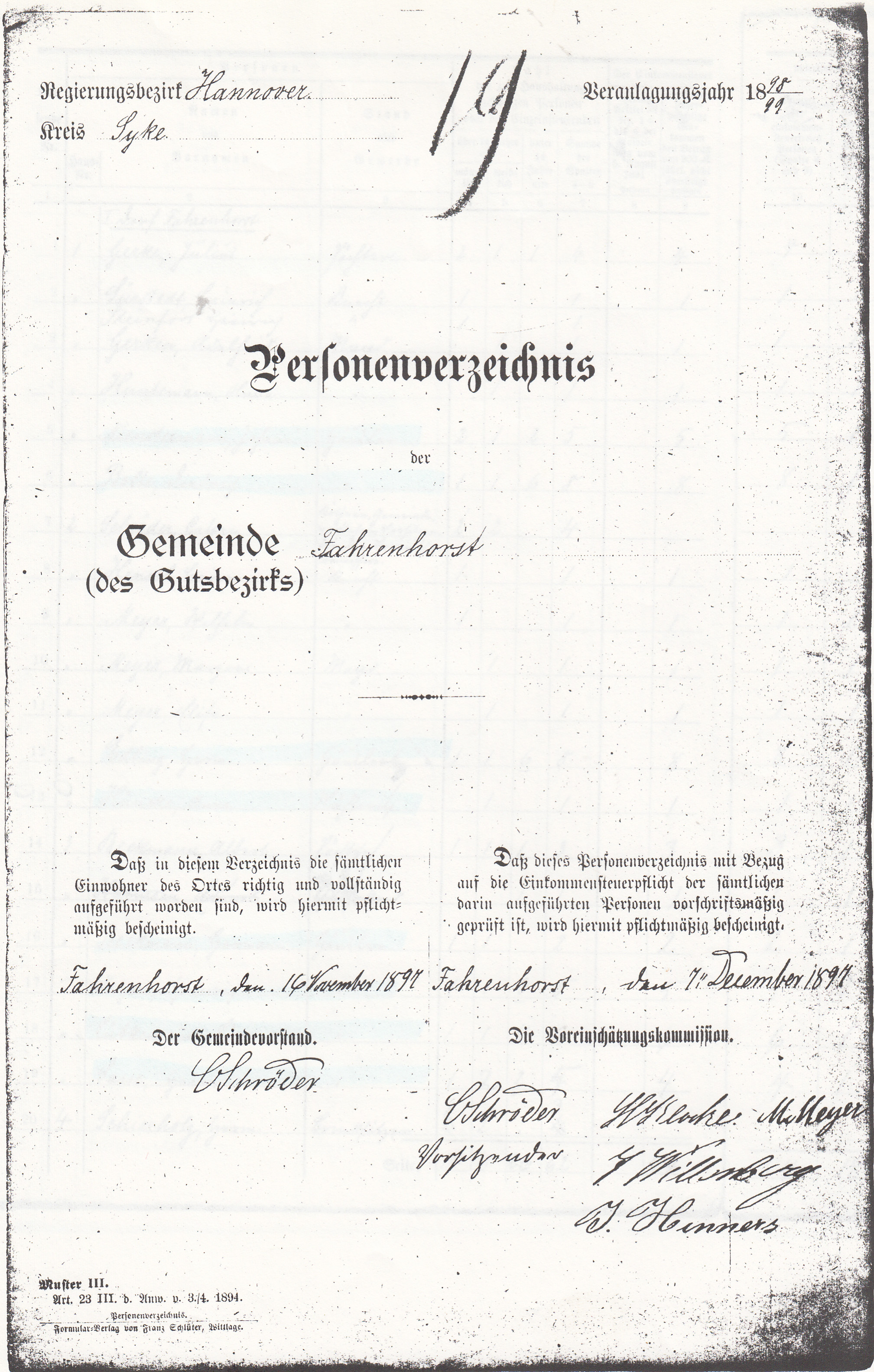 Personenverzeichnis Fahrenhorst 1897 (Kreismuseum Syke CC BY-NC-SA)