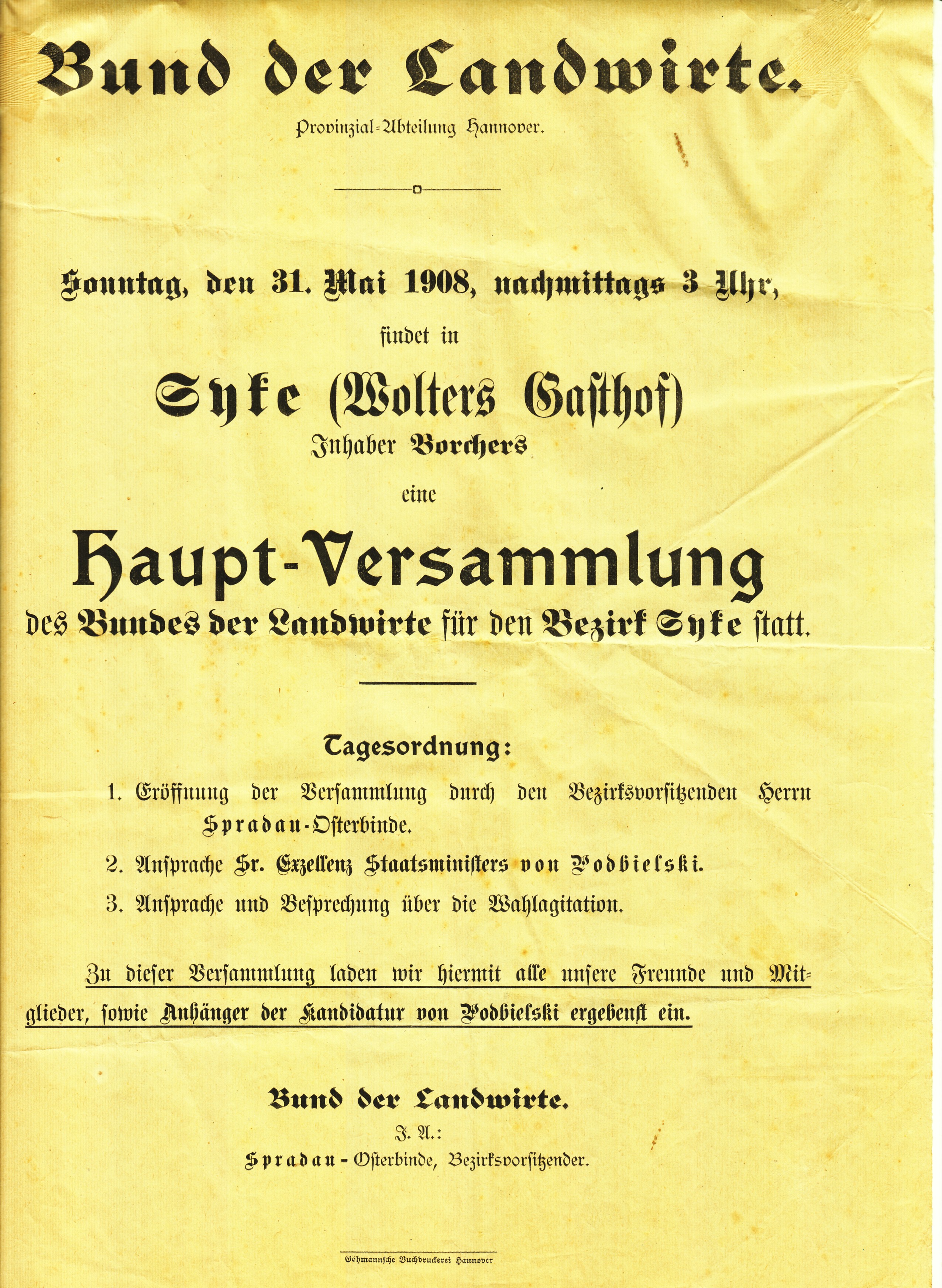 Plakat zur "Haupt-Versammlung des Bundes der Landwirte" (Kreismuseum Syke CC BY-NC-SA)