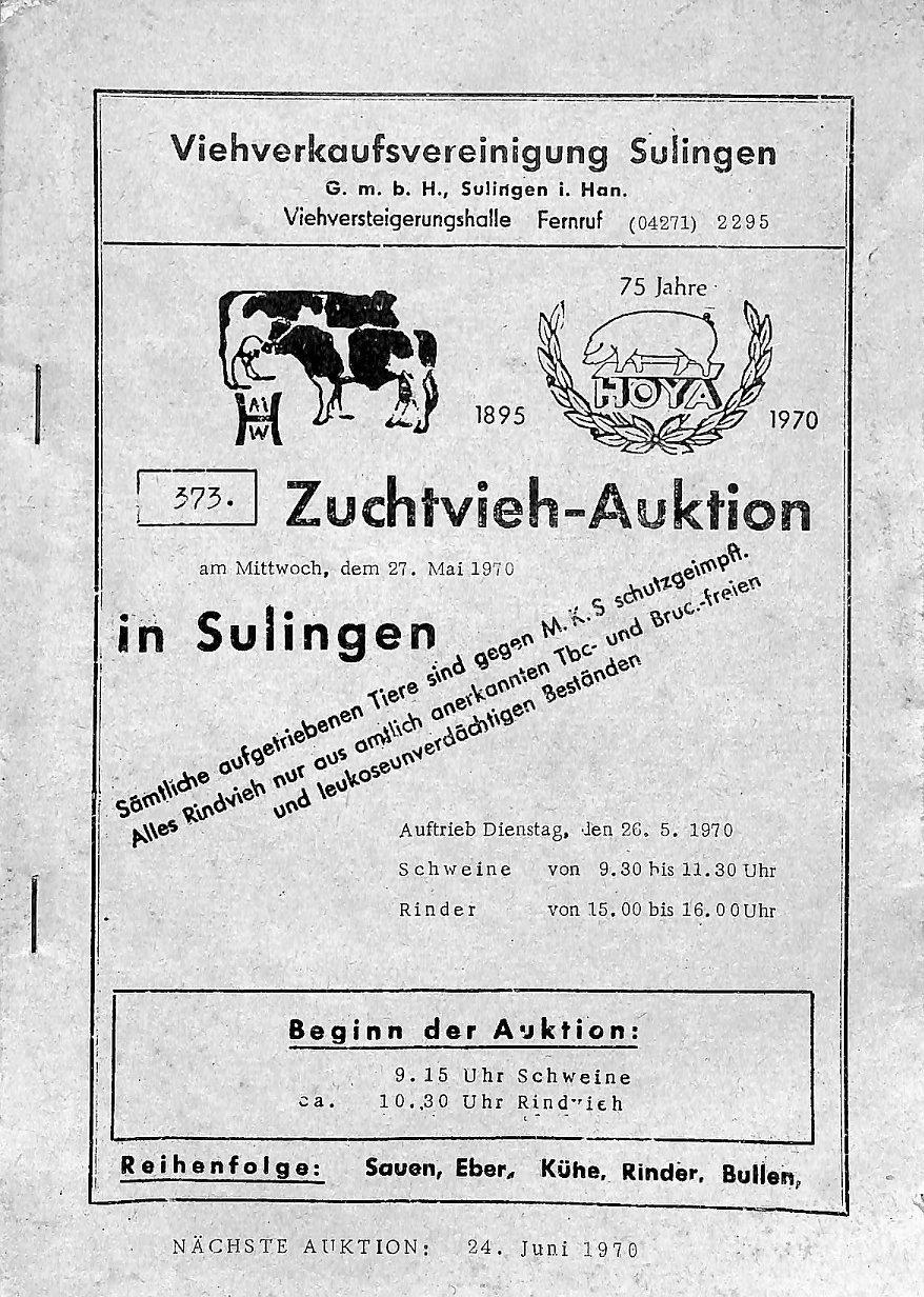 373. Zuchtvieh-Auktion in Sulingen, am Mittwoch, dem 27. Mai 1970. (Kreismuseum Syke CC BY-NC-SA)
