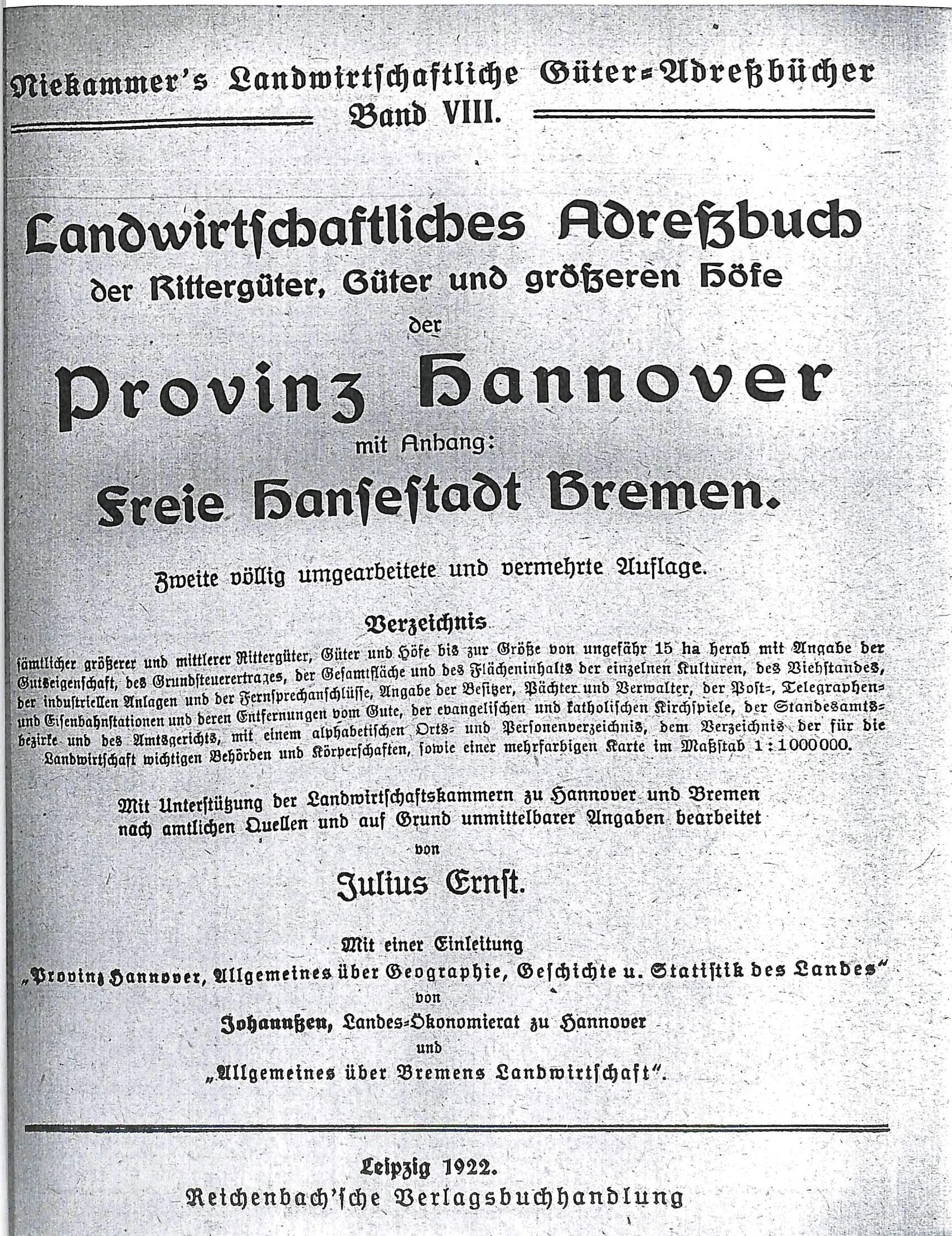 Landwirtschaftliches Adressbuch aus der Provinz Hannover, 1922 (Kreismuseum Syke CC BY-NC-SA)