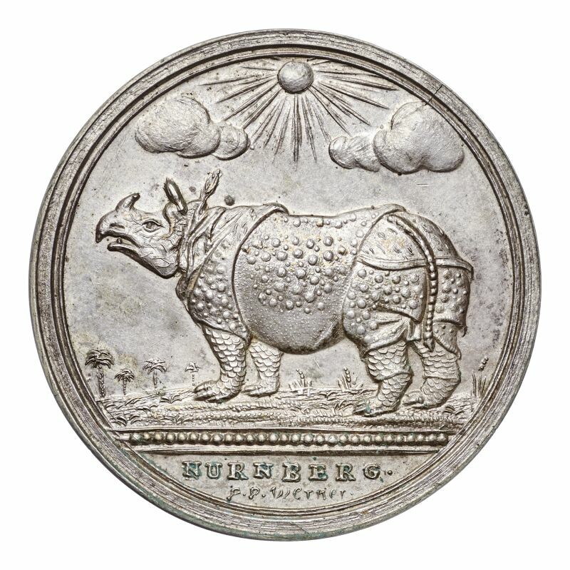 Medaille zur Erinnerung an die Rhinozeros-Ausstellung 1748 (Museum August Kestner CC BY-NC-SA)