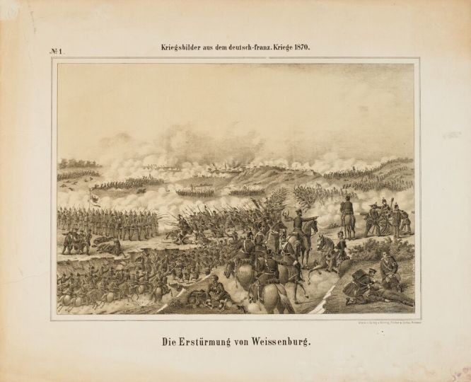 Lithografie: „Die Erstürmung von Weißenburg“ (Historisches Museum Hannover CC BY-NC-SA)