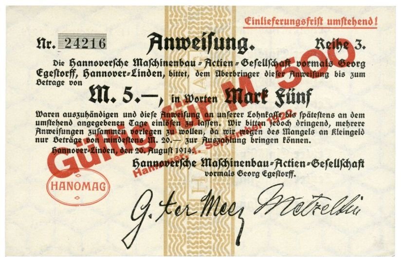 Notgeldschein: Hanomag, 5 Mark mit Überdruck 500 Mark (Historisches Museum Hannover CC BY-NC-SA)