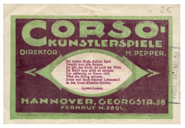 Notgeldschein: Corso-Künstlerspiele, 20 Pfennig (Historisches Museum Hannover CC BY-NC-SA)