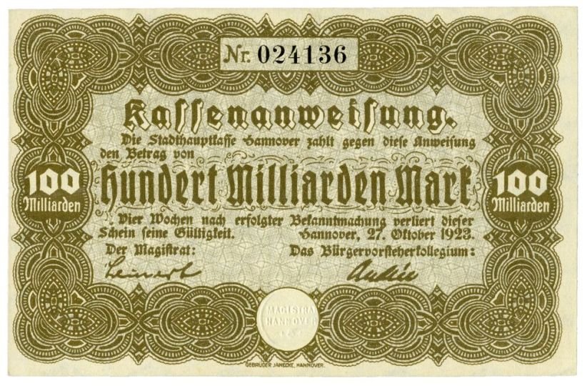 Notgeldschein: Stadt Hannover, 100 Milliarden Mark (Historisches Museum Hannover CC BY-NC-SA)