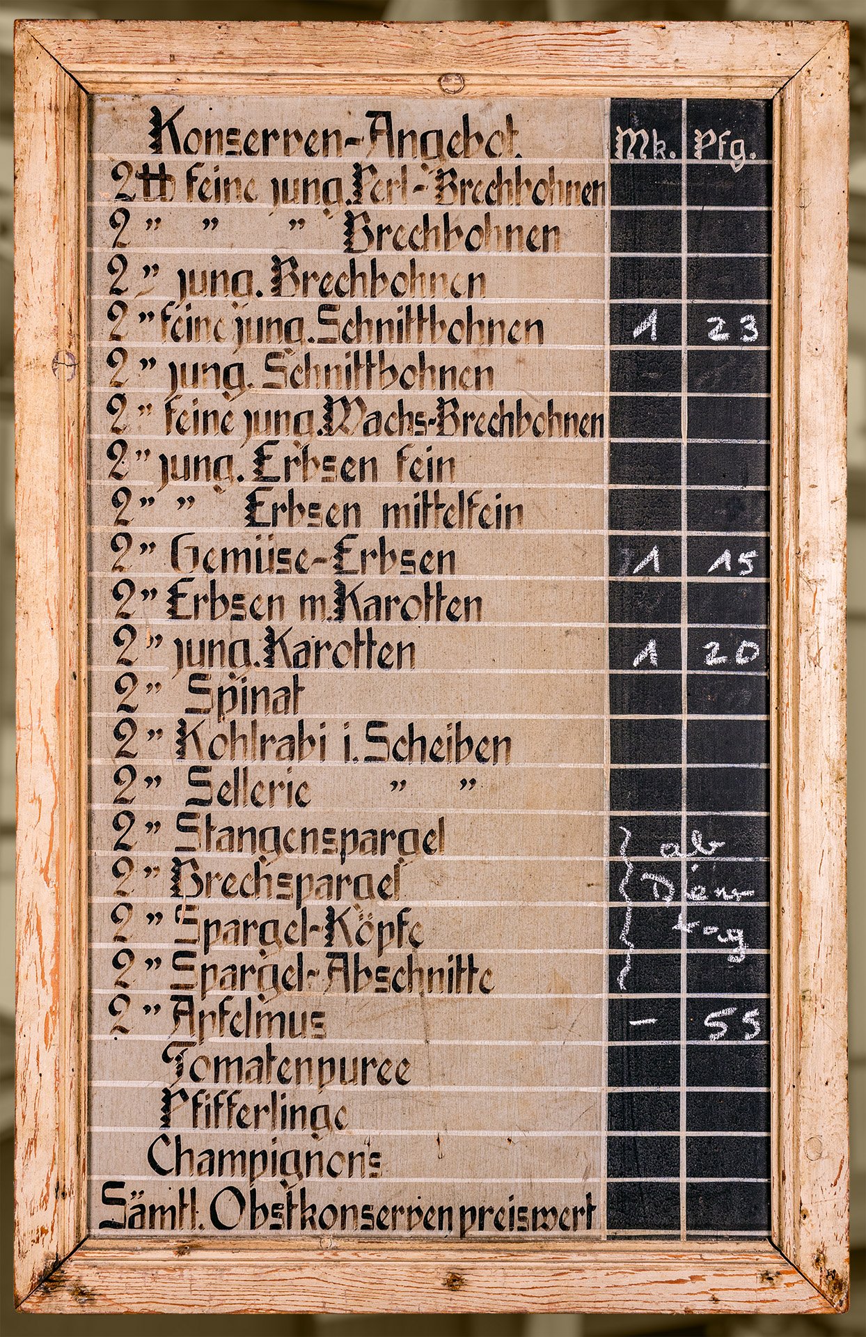 Preistafel mit Rubriken für Mark und Pfennig (Schiffahrtsmuseum Unterweser CC BY-NC-SA)