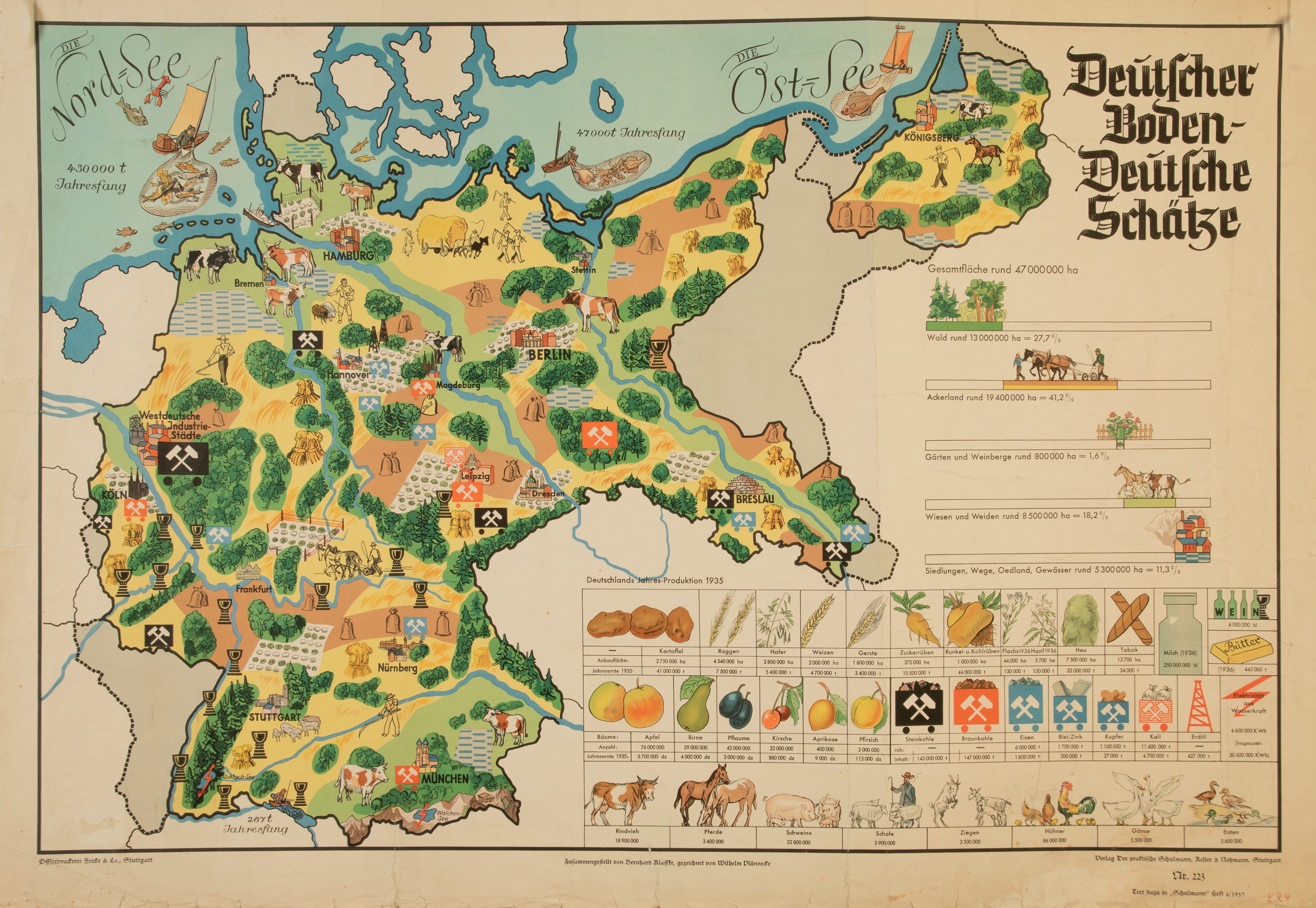 Wandbild mit einer Landkarte bezüglich deutscher Produktionsgüter im Jahr 1935 (Stiftung Schulmuseum der Universität Hildesheim CC BY-SA)