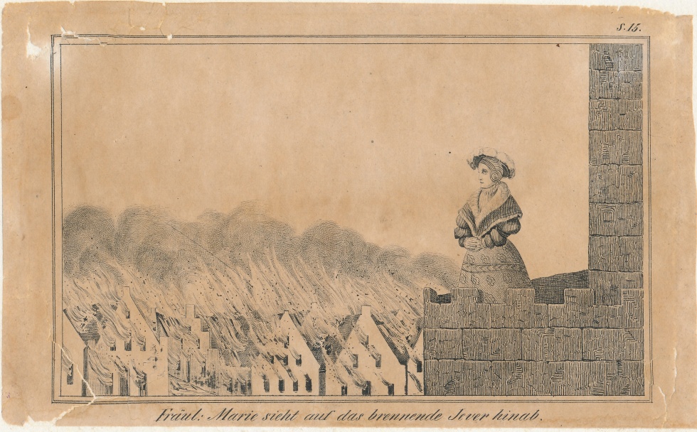 "Fräul: Marie sieht auf das brennende Jever hinab." - Fräulein Maria von Jever (Schlossmuseum Jever CC BY-NC-SA)