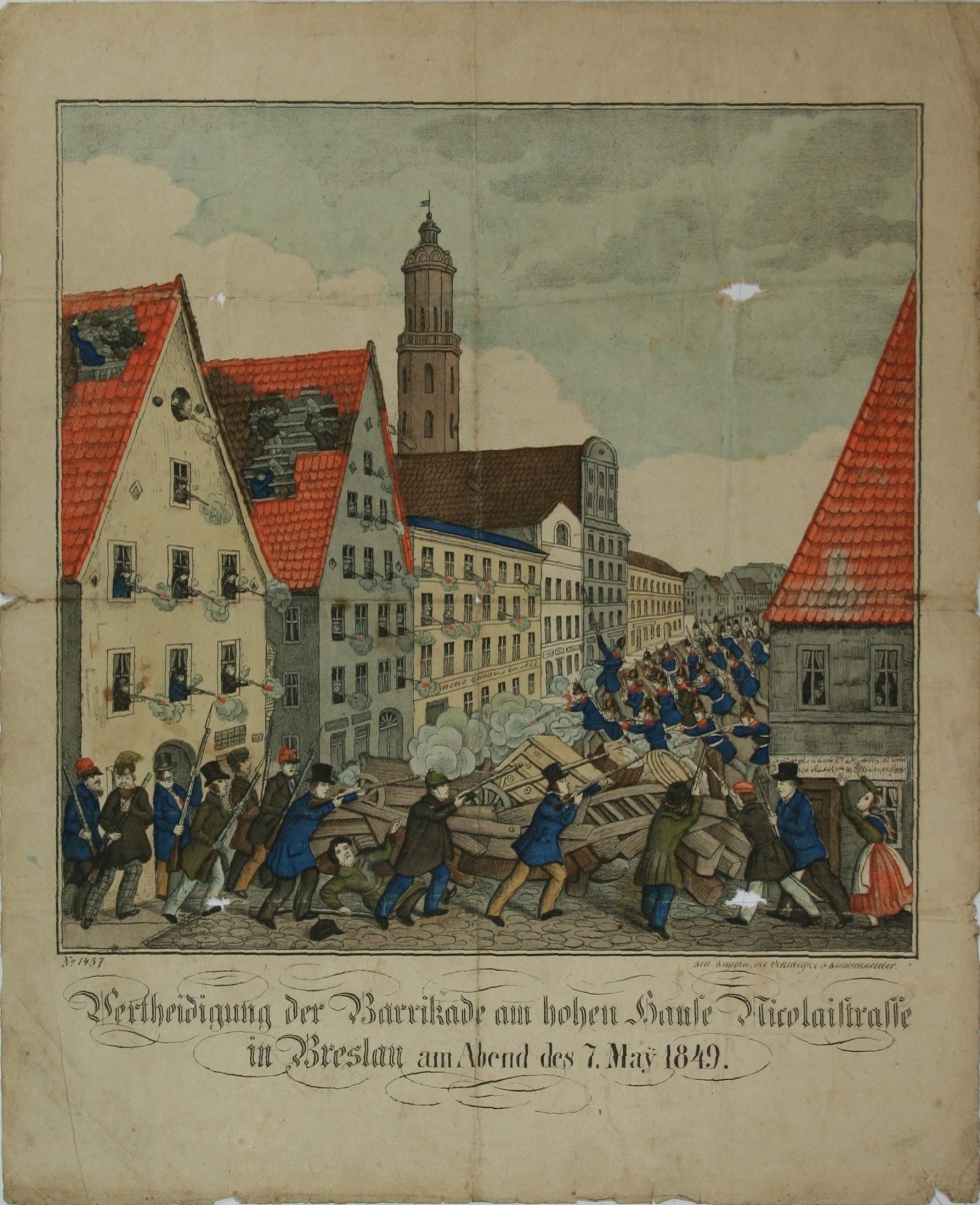 "Vertheidigung der Barrikade am hohen Hause Nicolaistrasse in Breslau am Abend des 7, Mai 1849" (Schlossmuseum Jever CC BY-NC-SA)