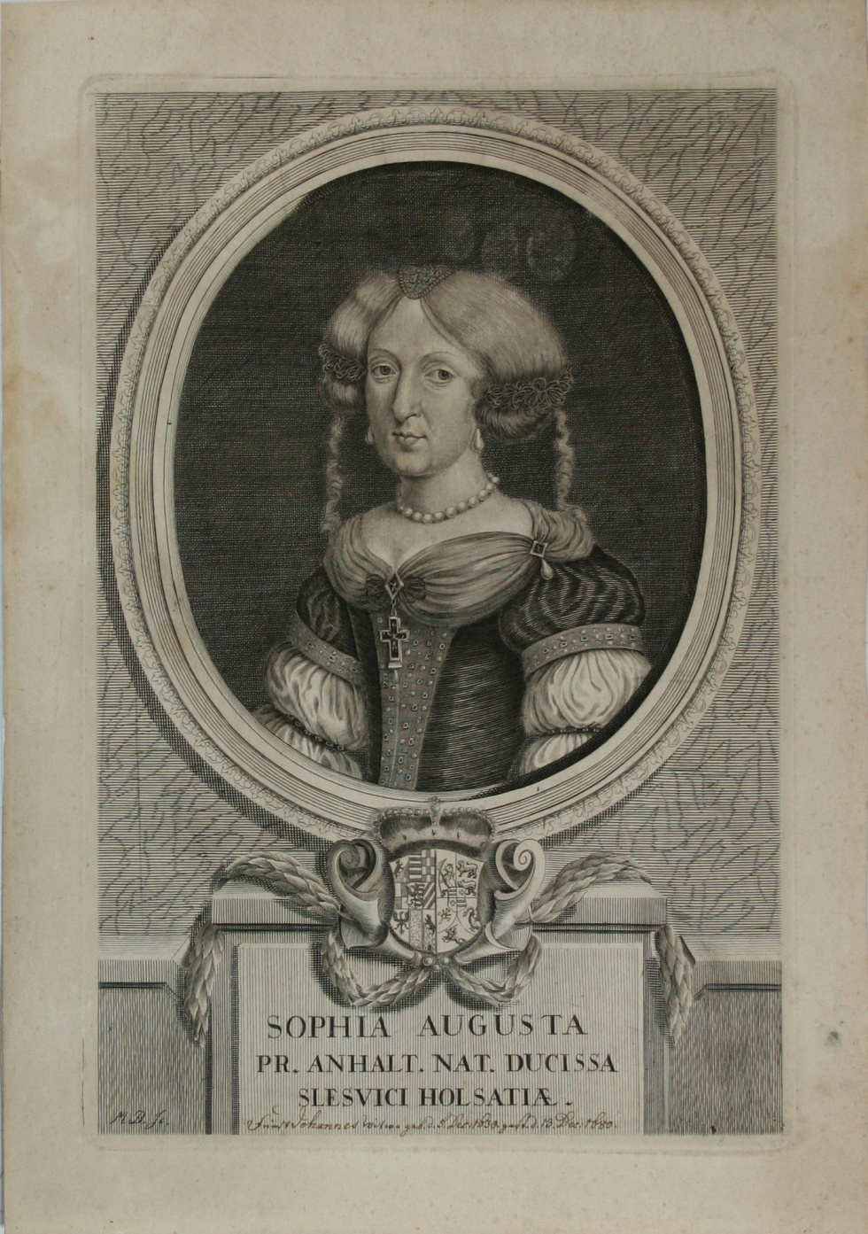 "SOPHIA AUGUSTA PR. ANHALT. NAT. DUCISSA SLESVICI HOLSATIA ." - Sophie Auguste von Anhalt-Zerbst (1630-1680) (Schlossmuseum Jever CC BY-NC-SA)