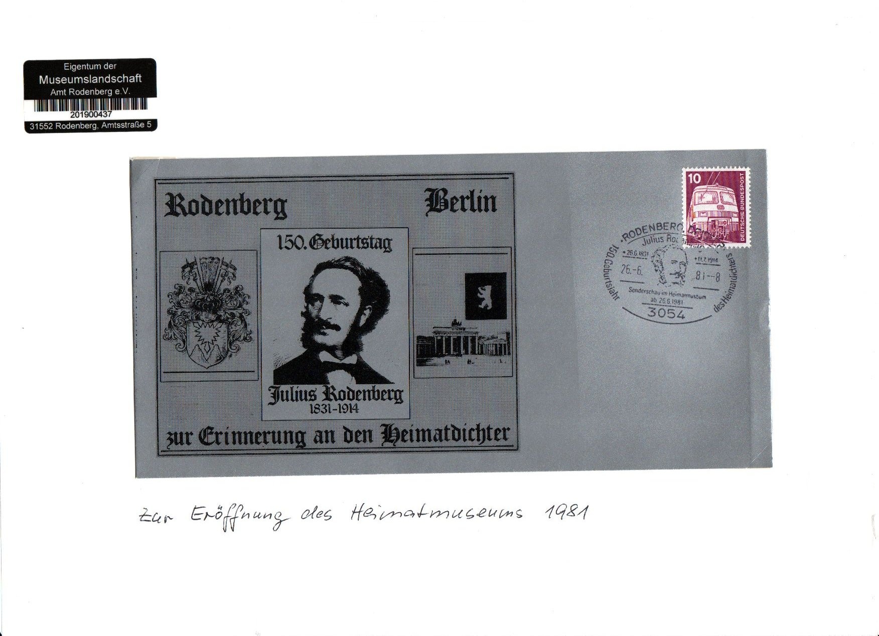 Ersttagsbrief 1981, Eröffnung Museum (Museumslandschaft Amt Rodenberg e.V. CC BY-NC-SA)