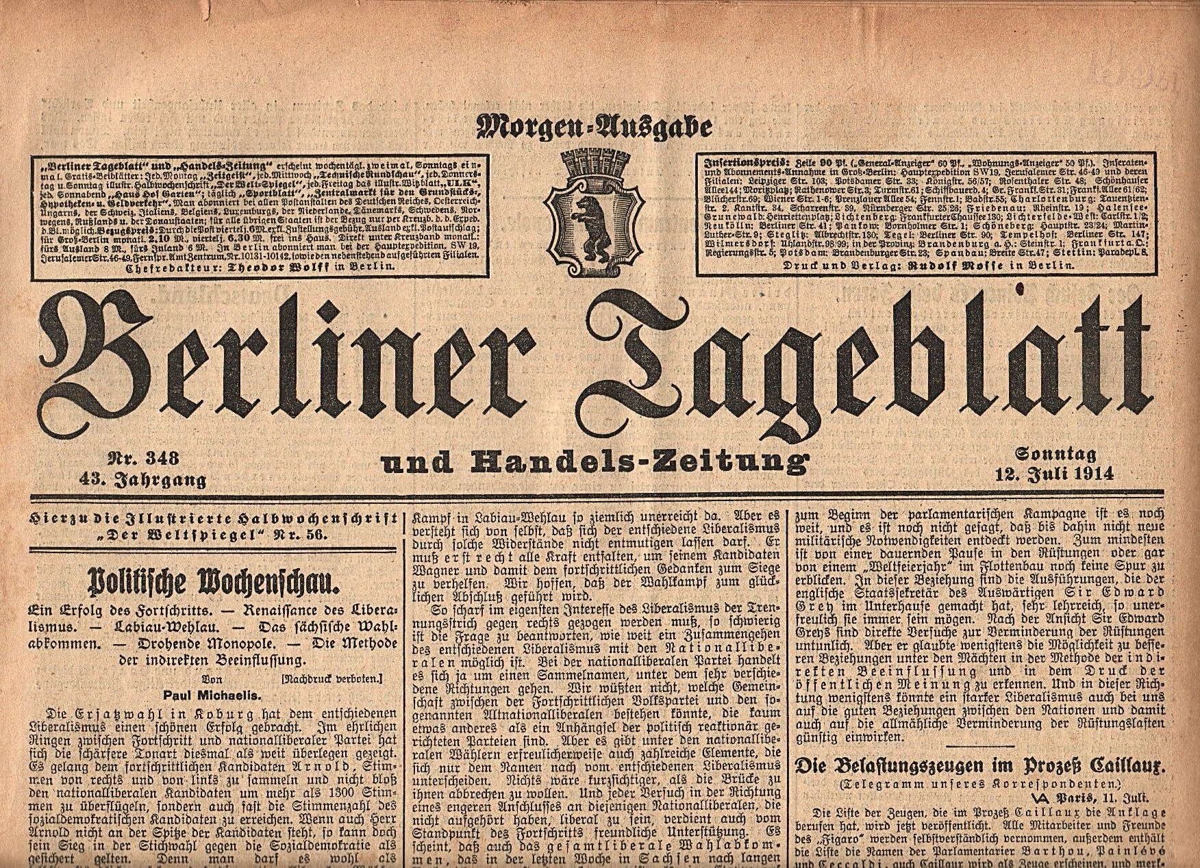 Berliner Tageblatt v. 12.07.1914 (Museumslandschaft Amt Rodenberg e.V. CC BY-NC-SA)