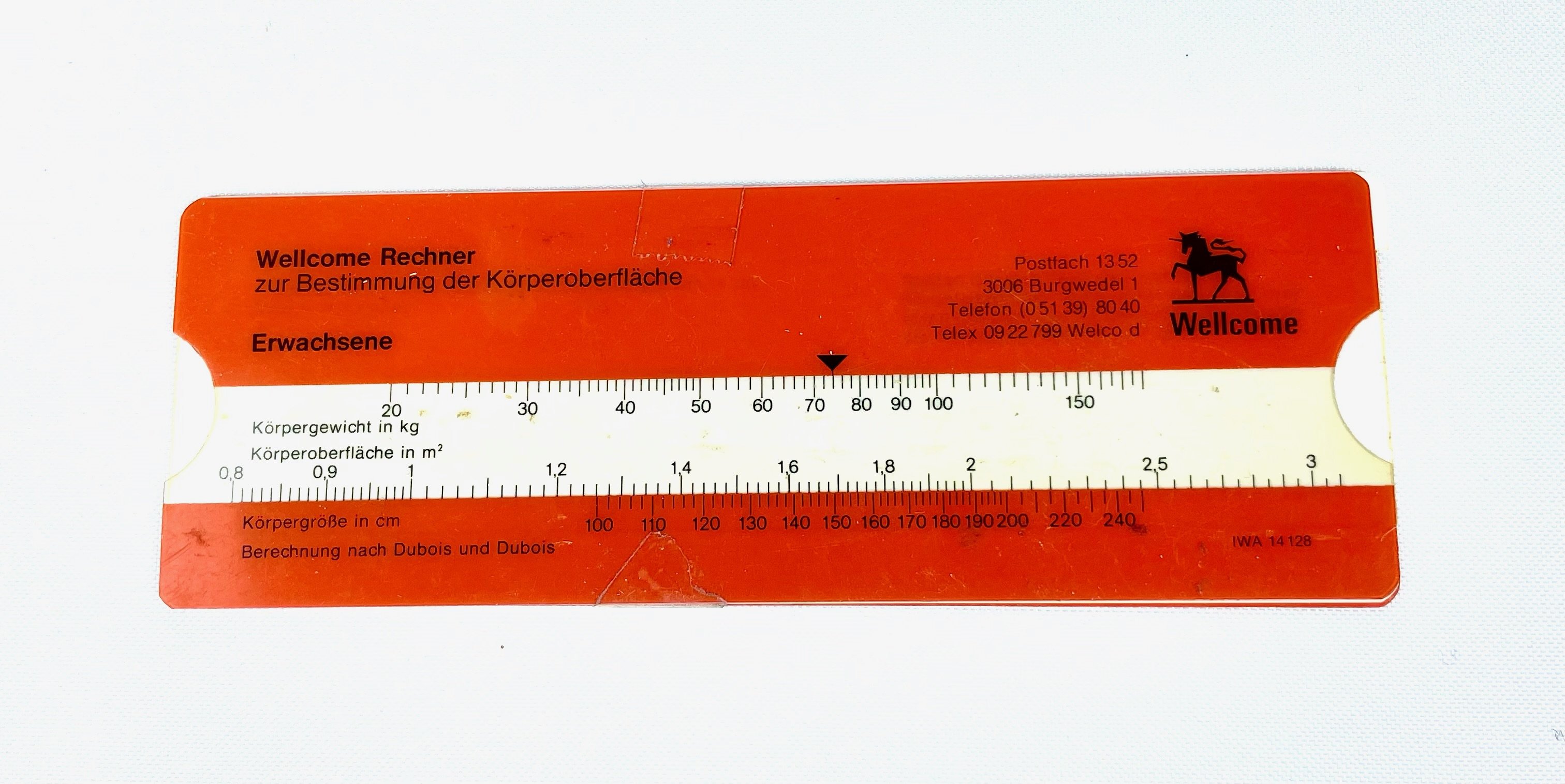 Rechenschieber für Bestimmung der Körperoberfläche (Krankenhausmuseum Bielefeld e.V. CC BY-NC-SA)