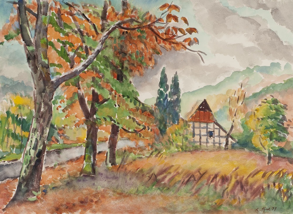 Fachwerkhaus und Bäume im Herbst (Lippisches Landesmuseum Detmold CC BY-NC-SA)