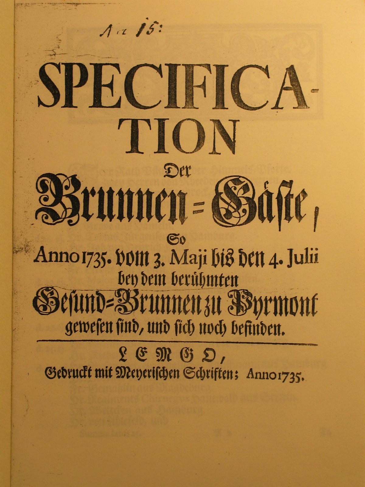 Specification der Brunnen-Gäste Anno 1735 - Deckblatt (Museum im Schloss Bad Pyrmont CC BY-NC-SA)