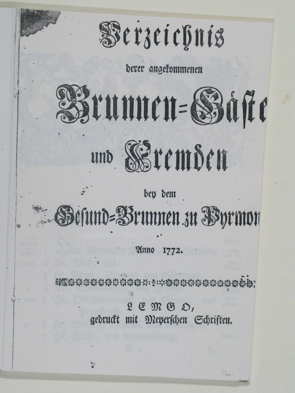 Gesund-Brunnen zu Pyrmont Anno 1772 - Verzeichnis-Deckblatt (Museum im Schloss Bad Pyrmont CC BY-NC-SA)