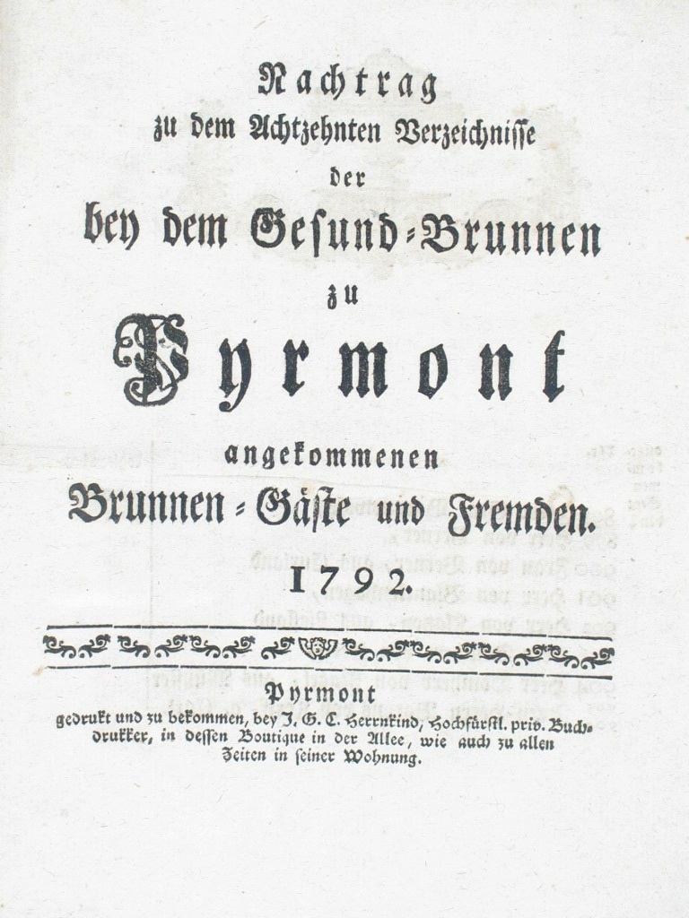 Gesund-Brunnen zu Pyrmont Anno 1792 - 18. Verzeichnis Nachtrag-Deckblatt (Museum im Schloss Bad Pyrmont CC BY-NC-SA)