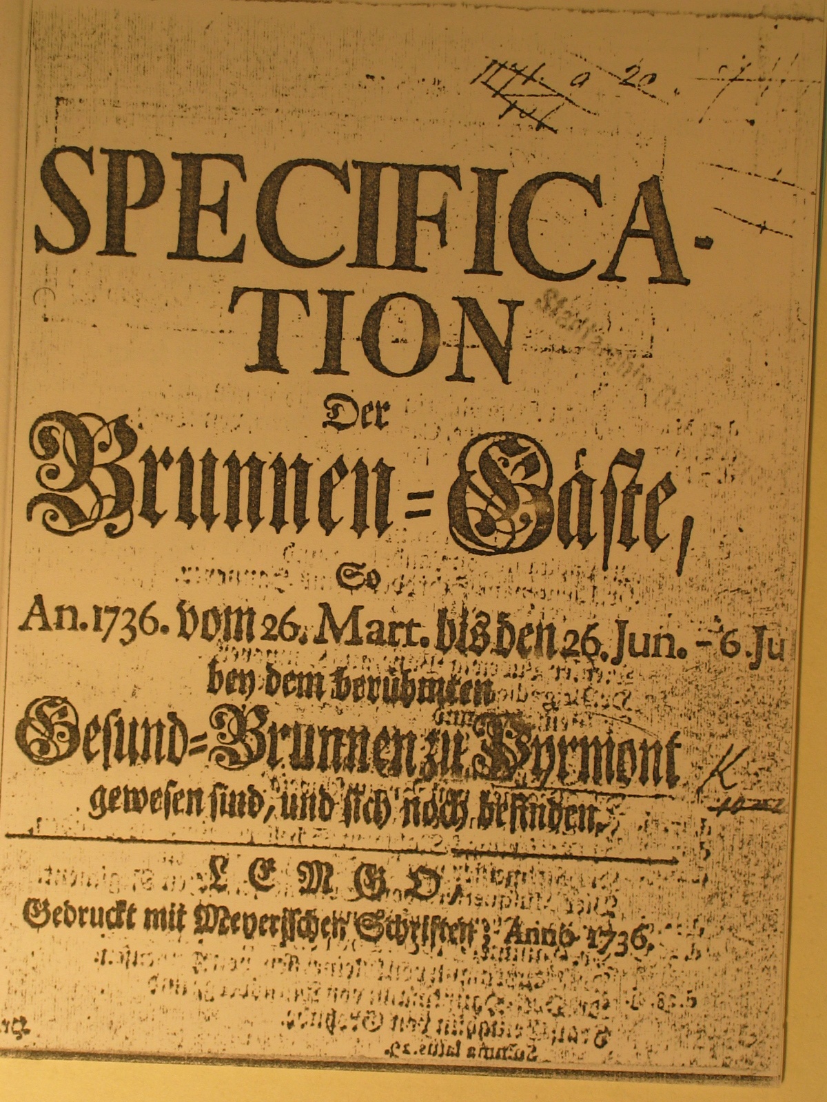 Specification der Brunnen-Gäste 1736-Deckblatt (Museum im Schloss Bad Pyrmont CC BY-NC-SA)