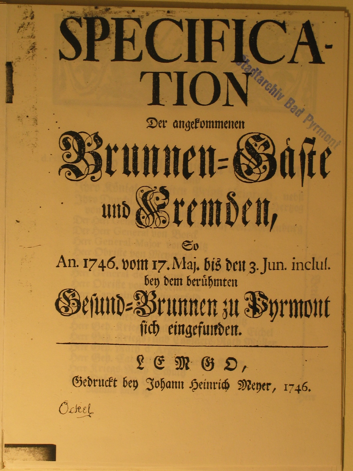 Specification der Brunnen=Gäste 1746-Deckblatt (Museum im Schloss Bad Pyrmont CC BY-NC-SA)