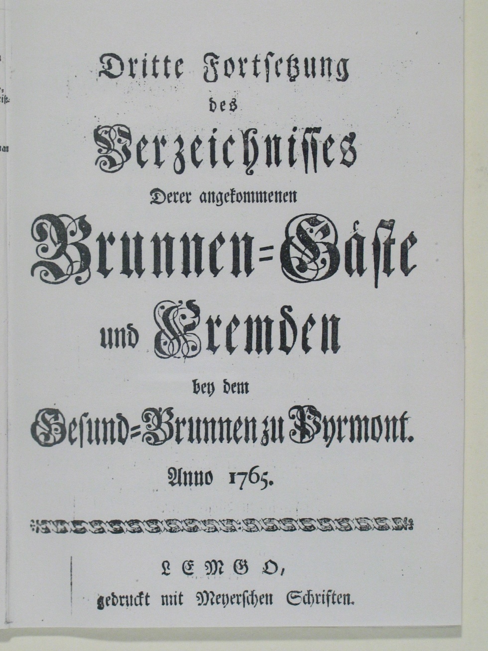 Verzeichnis derer angekommen Brunnengäste und Fremden Anno 1765 - 3. Fortsetzung (Museum im Schloss Bad Pyrmont CC BY-NC-SA)