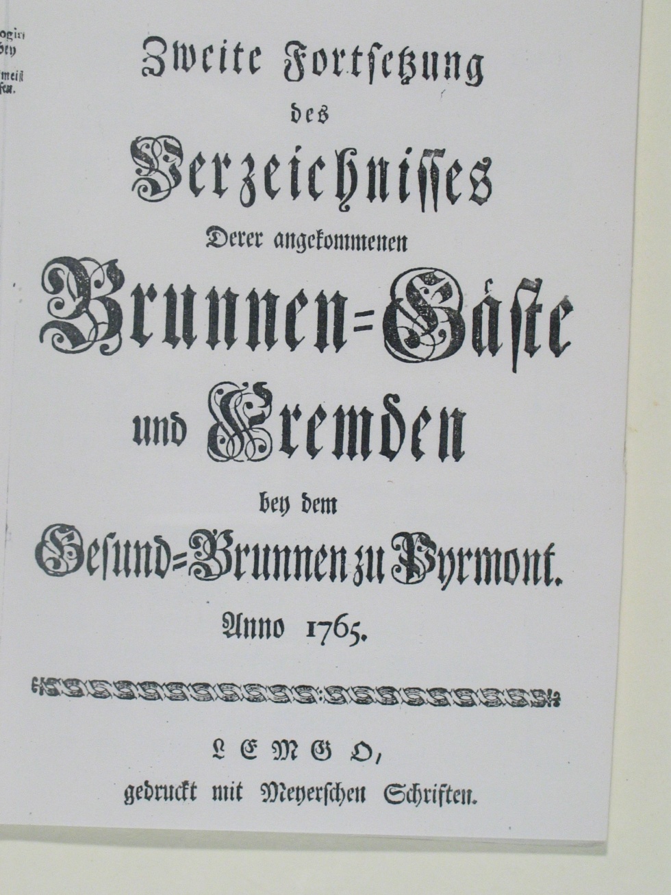 Verzeichnis derer angekommen Brunnengäste und Fremden Anno 1765 - 2. Fortsetzung (Museum im Schloss Bad Pyrmont CC BY-NC-SA)