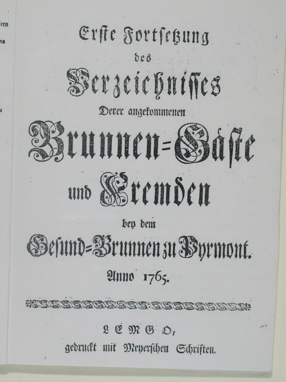 Verzeichnis derer angekommen Brunnengäste und Fremden Anno 1765 - 1. Fortsetzung (Museum im Schloss Bad Pyrmont CC BY-NC-SA)
