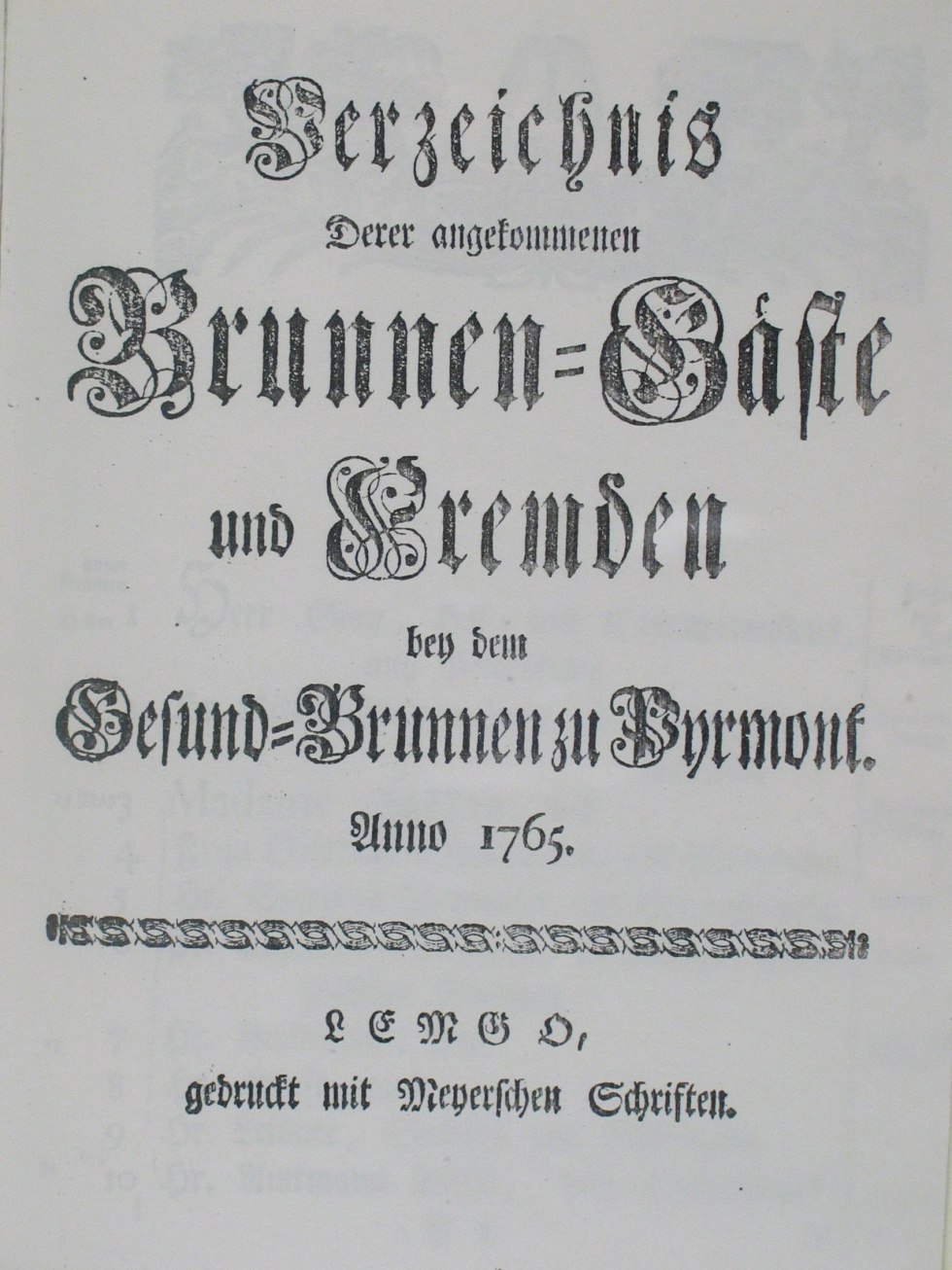Verzeichnis derer angekommen Brunnengäste und Fremden Anno 1765 (Museum im Schloss Bad Pyrmont CC BY-NC-SA)