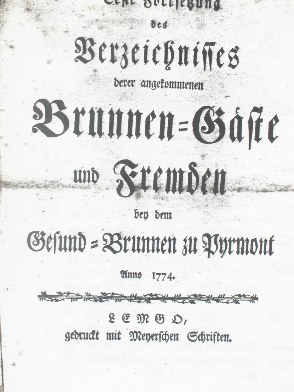 Verzeichnis derer angekommenen Brunnen=Gäste und Fremden Anno 1774 - 1. Fortsetzung (Museum im Schloss Bad Pyrmont CC BY-NC-SA)