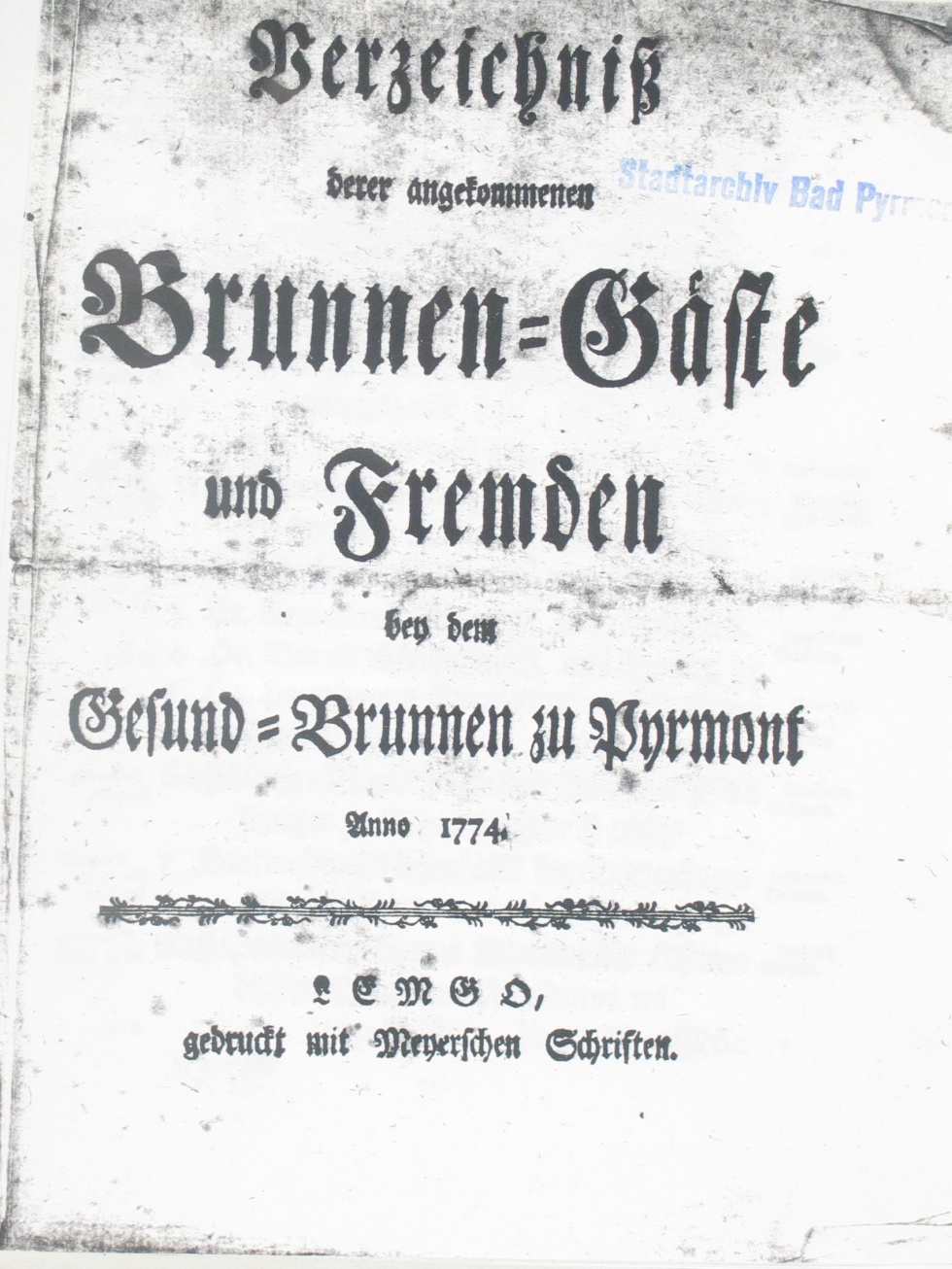 Verzeichnis derer angekommenen Brunnen=Gäste und Fremden Anno 1774 (Museum im Schloss Bad Pyrmont CC BY-NC-SA)