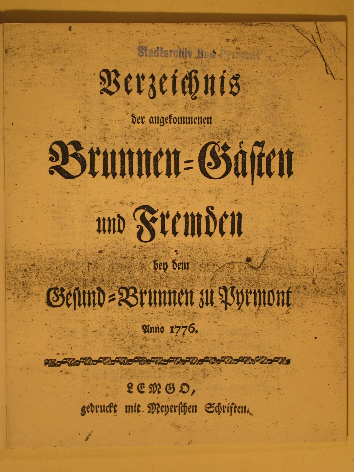 Verzeichnis derer angekommen Brunnengäste und Fremden Anno 1776 - Verzeichniß (Museum im Schloss Bad Pyrmont CC BY-NC-SA)