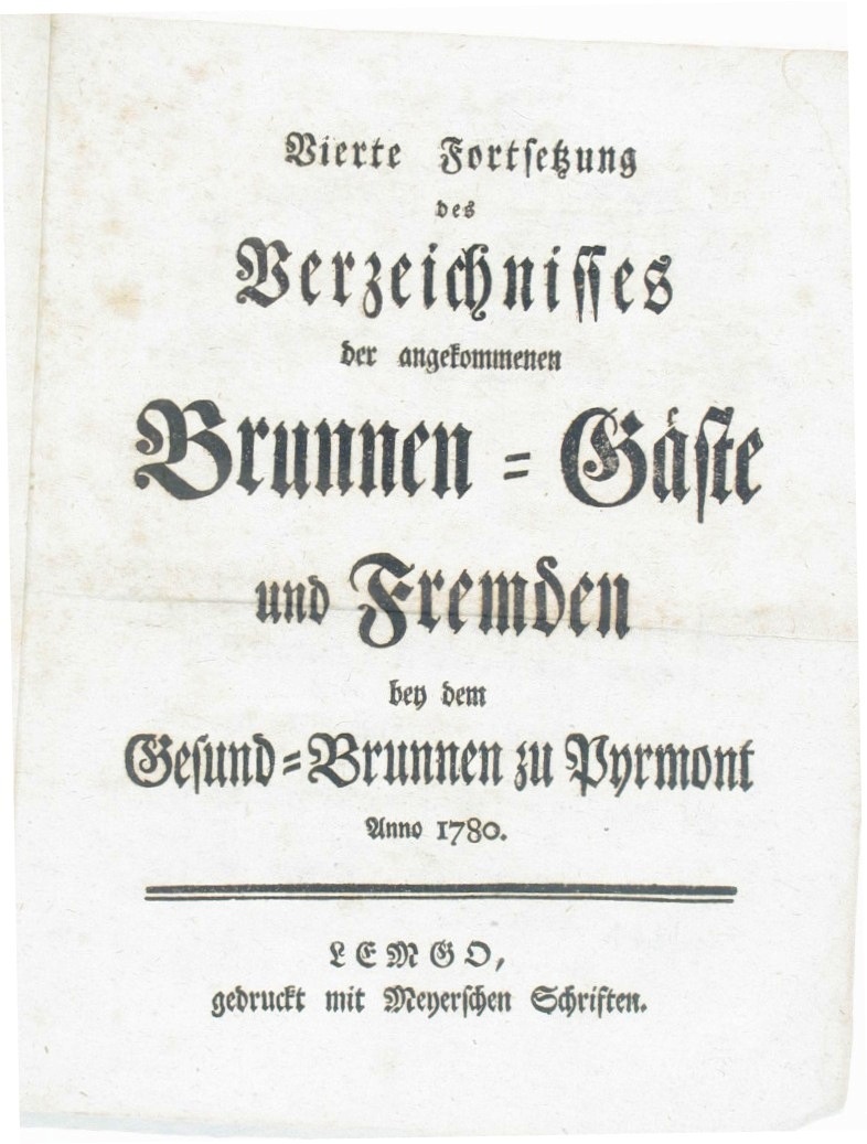 Verzeichnis der angekommenen Brunnen-Gäste und Fremden Anno 1780 - 4. Fortsetzung (Museum im Schloss Bad Pyrmont CC BY-NC-SA)