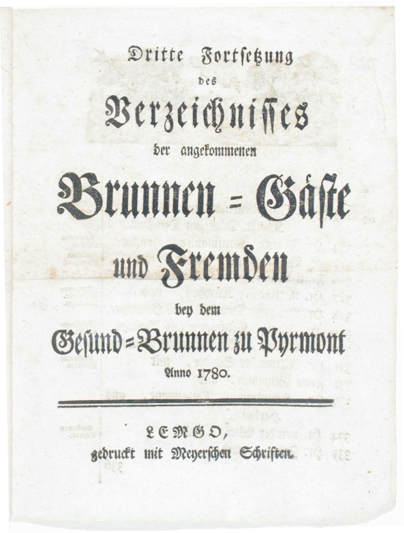 Verzeichnis der angekommenen Brunnen-Gäste und Fremden Anno 1780 - 3. Fortsetzung (Museum im Schloss Bad Pyrmont CC BY-NC-SA)