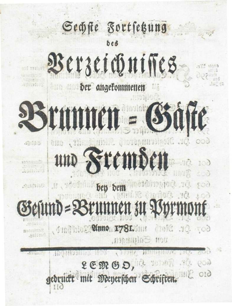 6. Fortsetzung der angekommen Brunnen=Gäste und Fremden Anno 1781 (Museum im Schloss Bad Pyrmont CC BY-NC-SA)