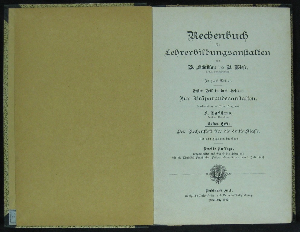 Lichtblau/ Wiese, Rechenbuch für Lehrerbildungsanstalten (Museumsschule Hiddenhausen CC BY-NC-SA)