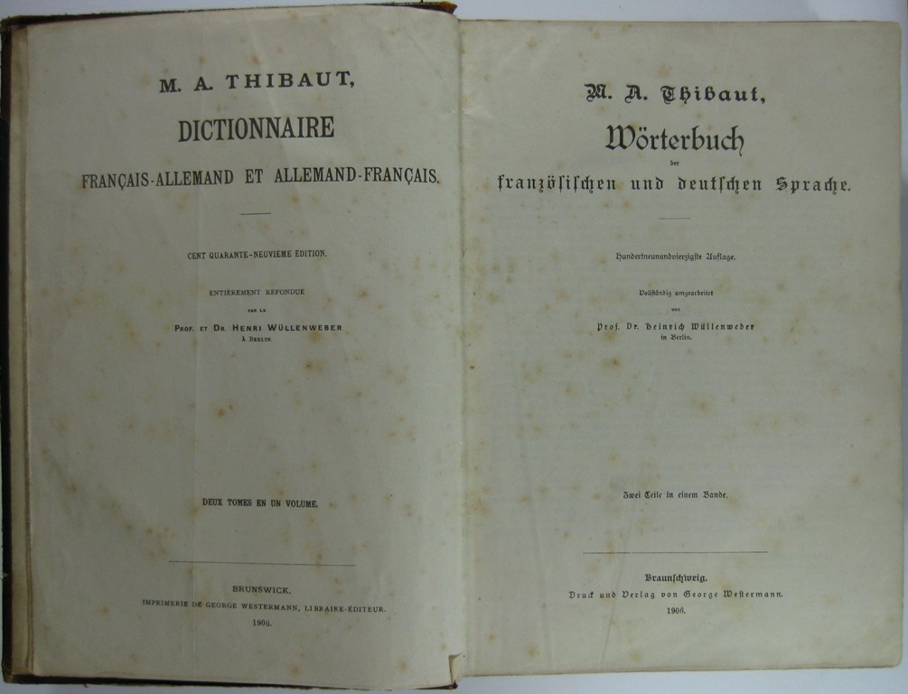 Thibaut, Wörterbuch der französischen und deutschen Sprache (Museumsschule Hiddenhausen CC BY-NC-SA)