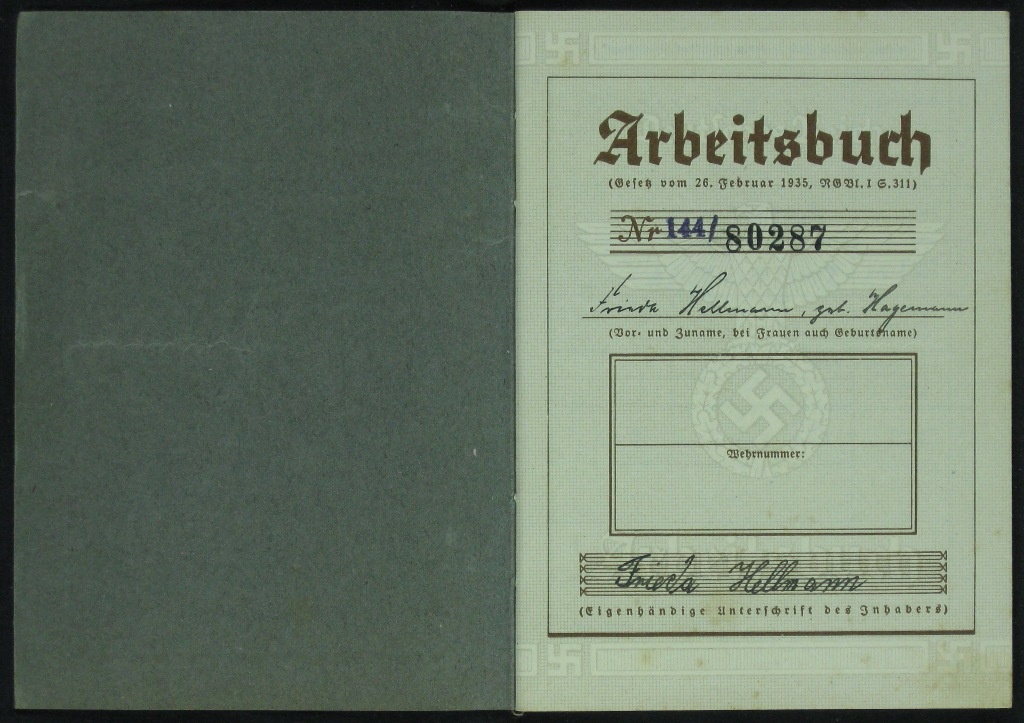 Deutsches Reich Arbeitsbuch von Frieda Hellmann (Museumsschule Hiddenhausen CC BY-NC-SA)