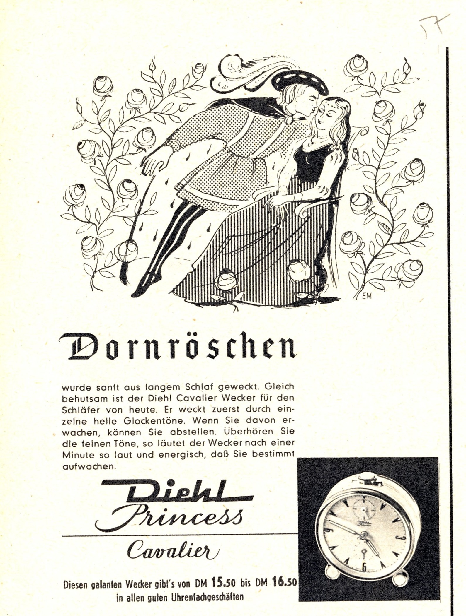 Dornröschen wirbt für einen Wecker (Deutsches Märchen- und Wesersagenmuseum  CC BY-NC-SA)