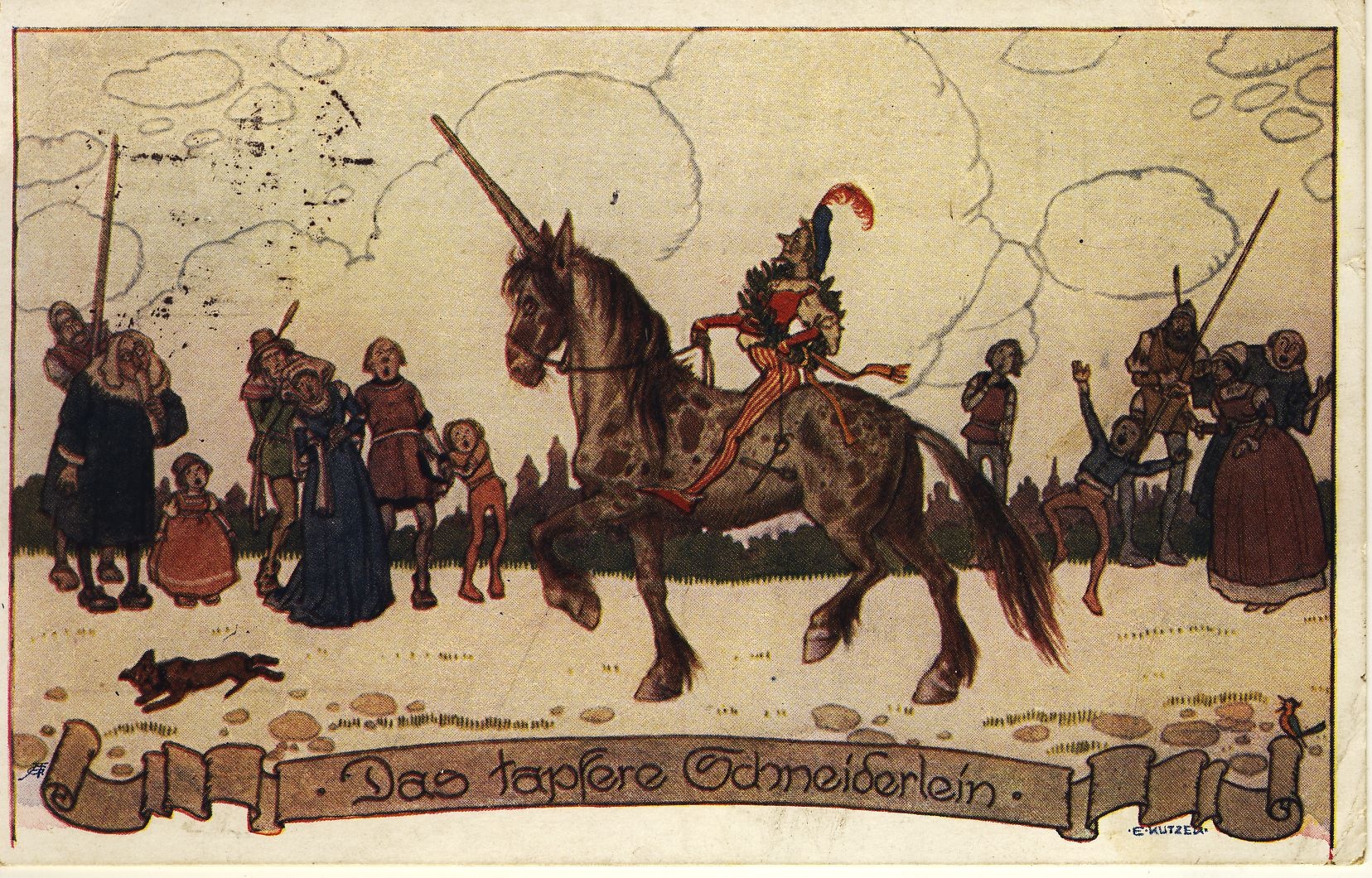 Das tapfere Schneiderlein Märchenpostkarte (Deutsches Märchen- und Wesersagenmuseum CC BY-NC-SA)
