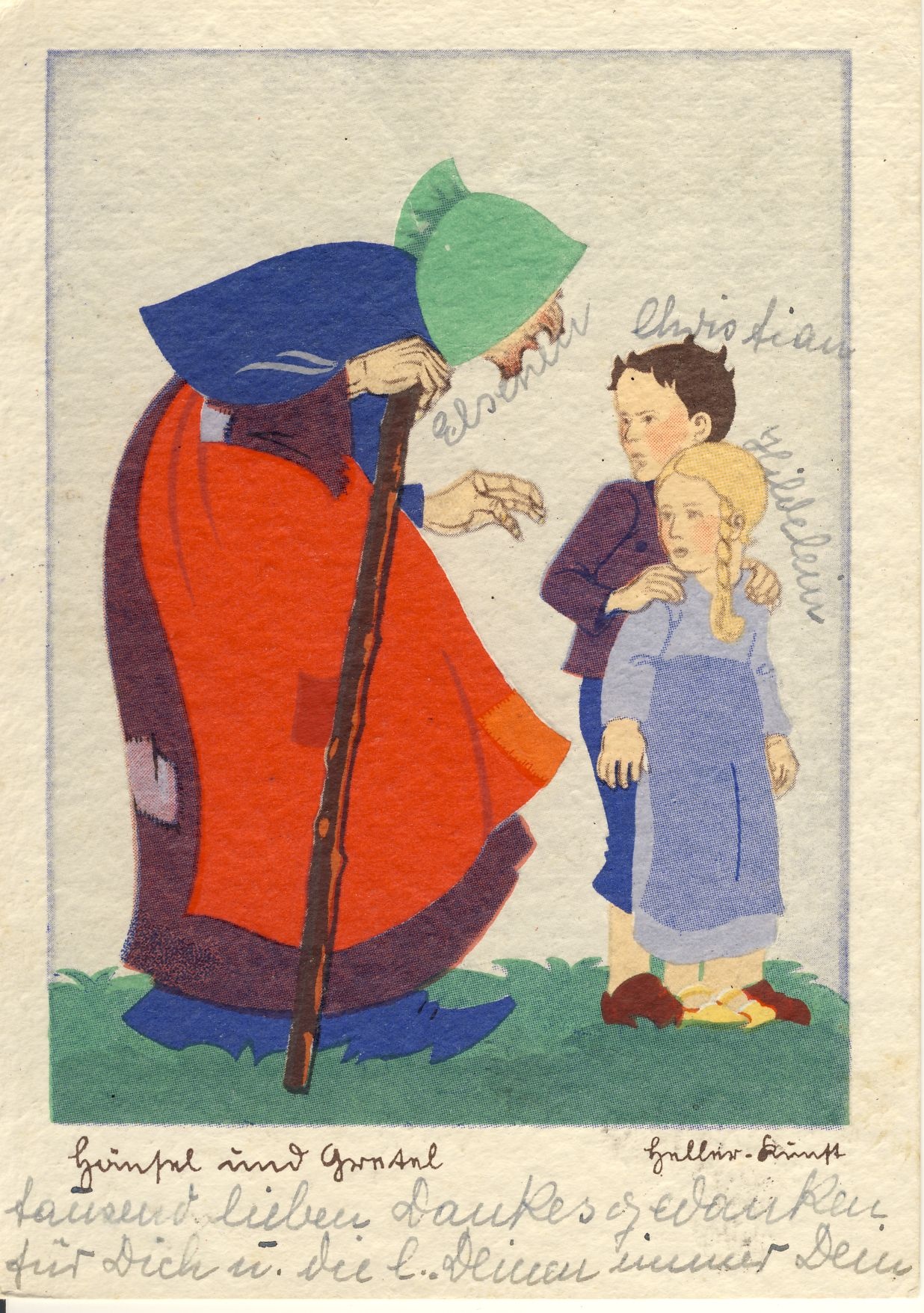 Hänsel und Gretel Märchenpostkarte (Deutsches Märchen- und Wesersagenmuseum CC BY-NC-SA)