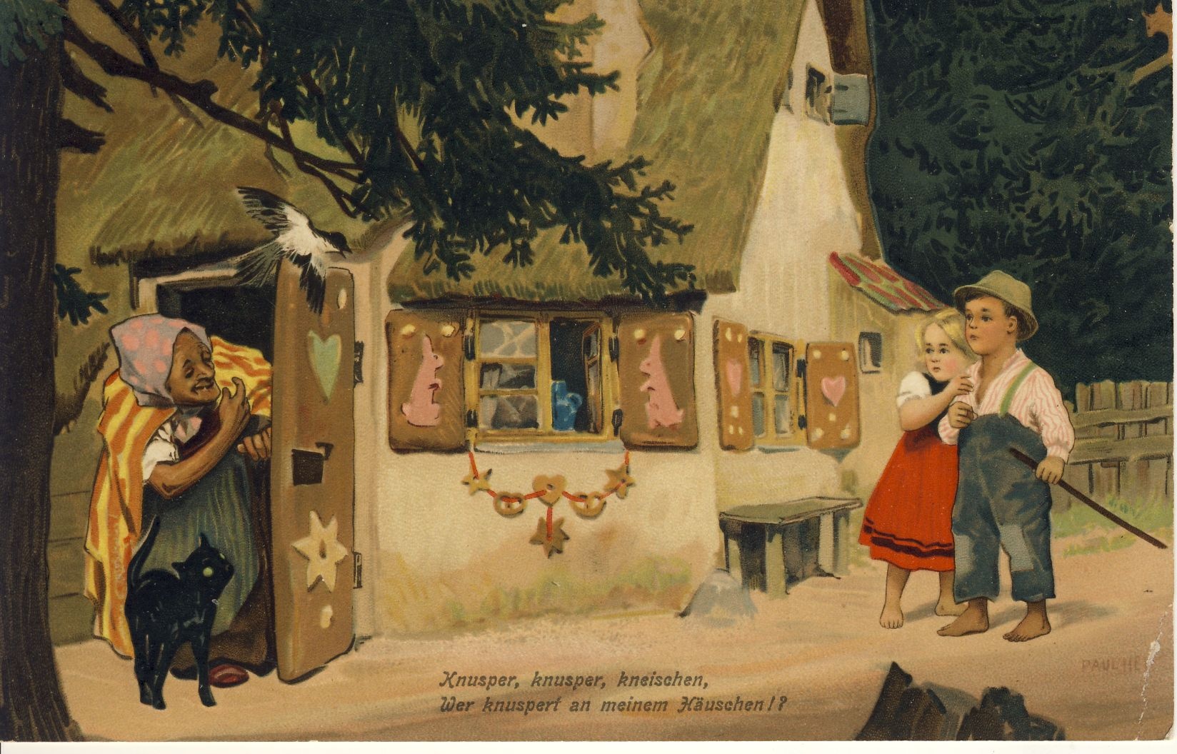Hänsel und Gretel Märchenpostkarte (Deutsches Märchen- und Wesersagenmuseum CC BY-NC-SA)