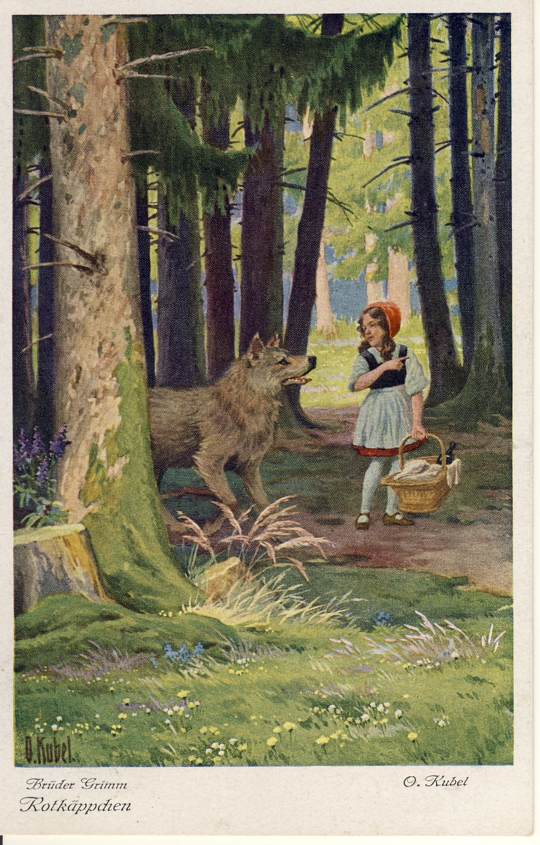 Rotkäppchen mit dem Wolf im Wald - Postkarte :: Deutsches Märchen- und ...