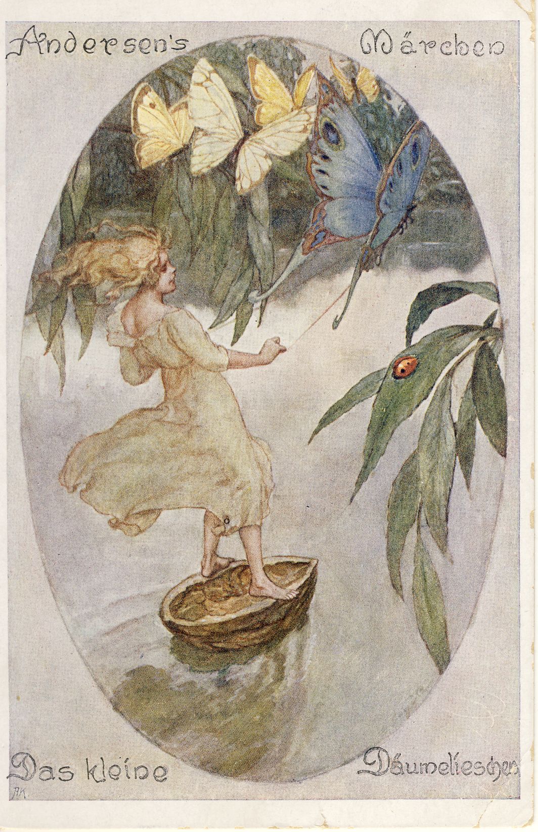 Das kleine Däumelieschen Märchenpostkarte (Deutsches Märchen- und Wesersagenmuseum CC BY-NC-SA)