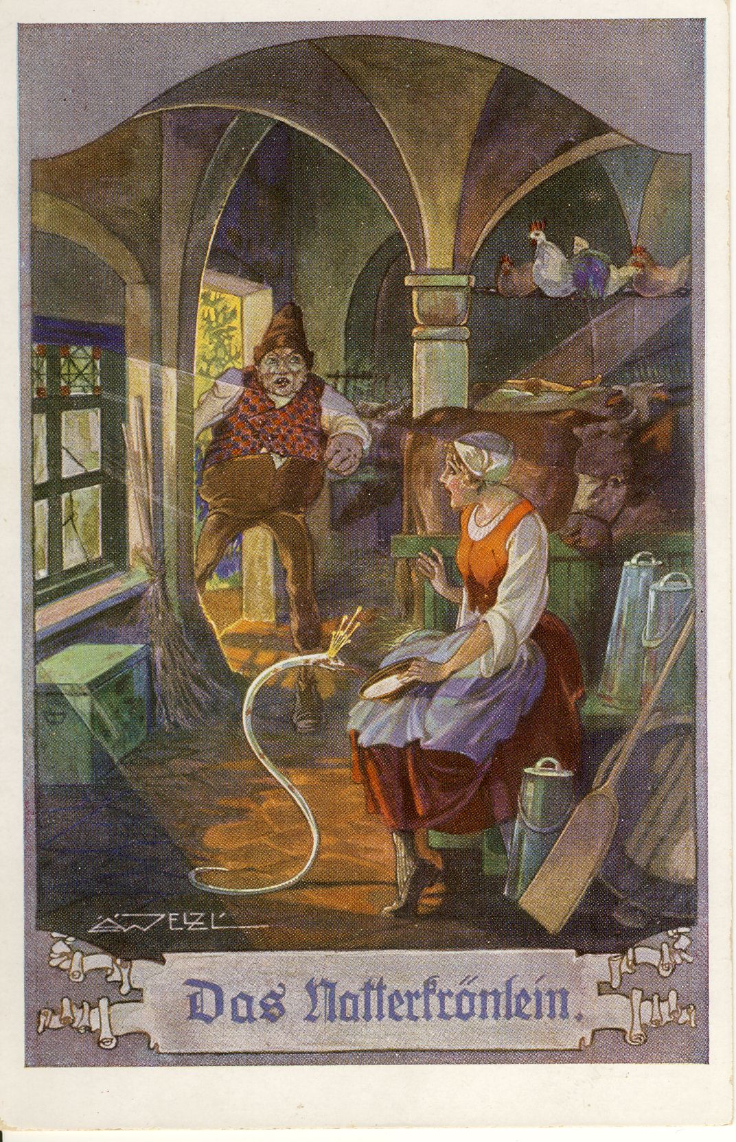Das Natterkrönlein Märchenpostkarte (Deutsches Märchen- und Wesersagenmuseum CC BY-NC-SA)